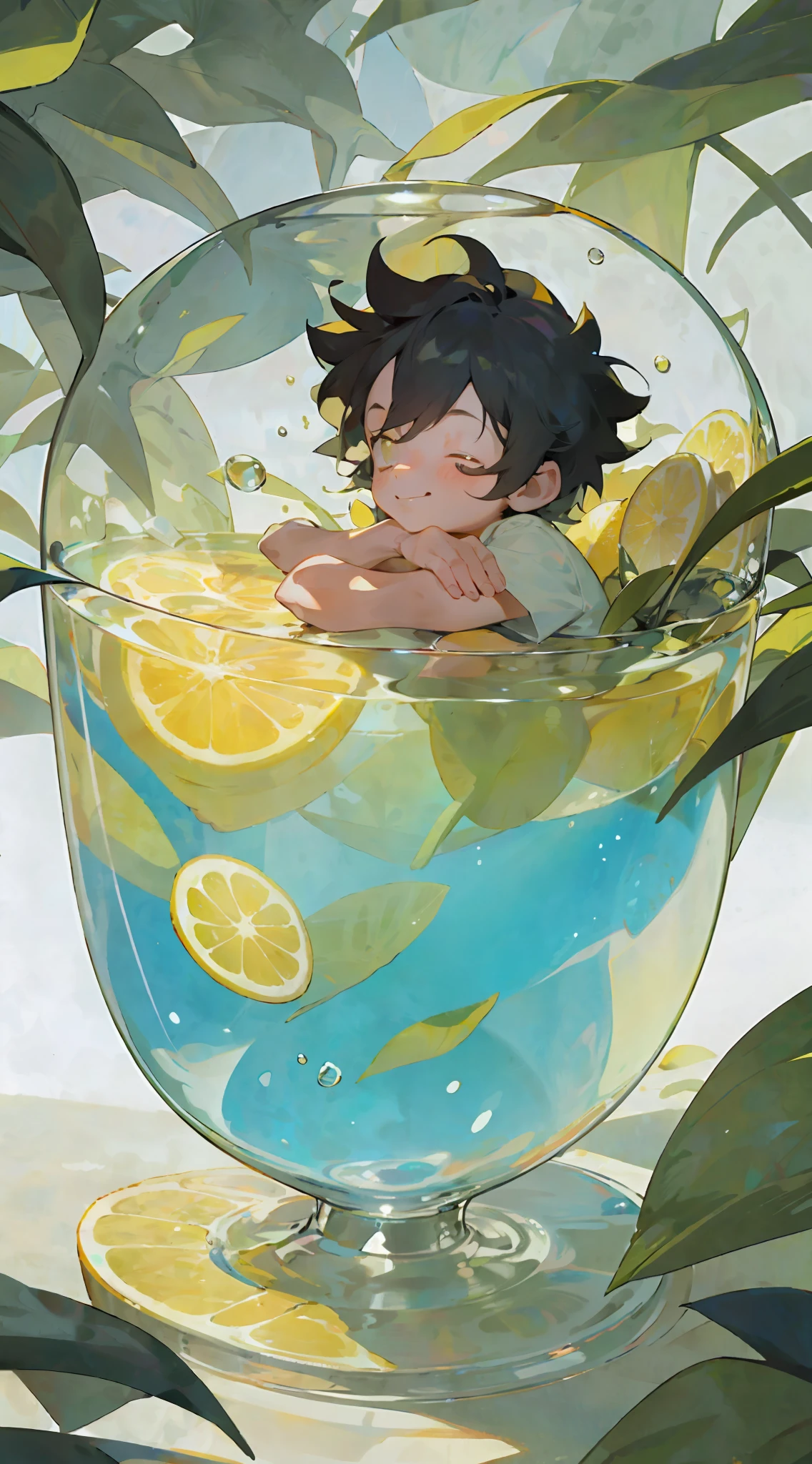A little boy sits inside a glass, happily tasting cake, cool liquid, lemon, sunlight, shade, colorful, yellow