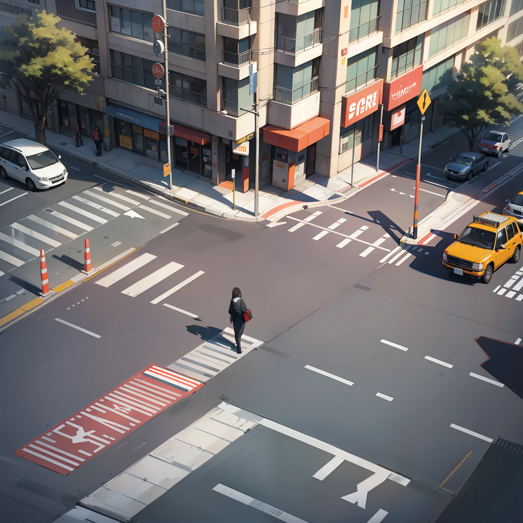 Realistic style
Traffic awaits in front of the intersection
The size of the car is consistent
There is a crosswalk at the intersection
Pedestrians walking on crosswalks --auto --s2
