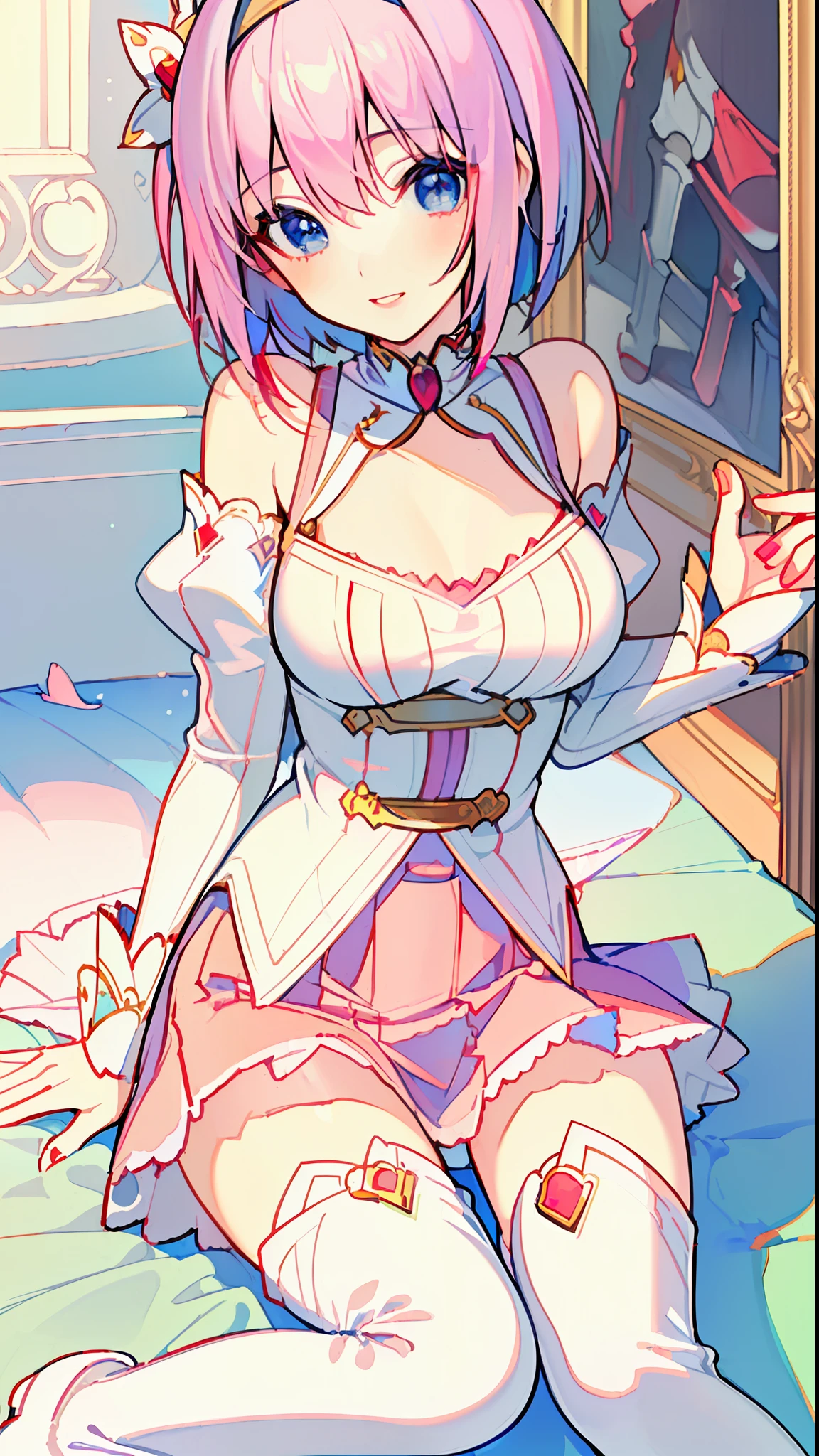 18 year old beautiful girl, ((((Masterpiece)))), ((Best quality)))), ((((Very detailed))), detailed fingers, illustration, 1 girl, Solo, Sae eyes, Blue eyes, Pink bob cut, Shoulder out, Wide open chest, Red mini skirt, pink knee socks, White long boots, Large breasts, Royal Elegant Pose, YUI