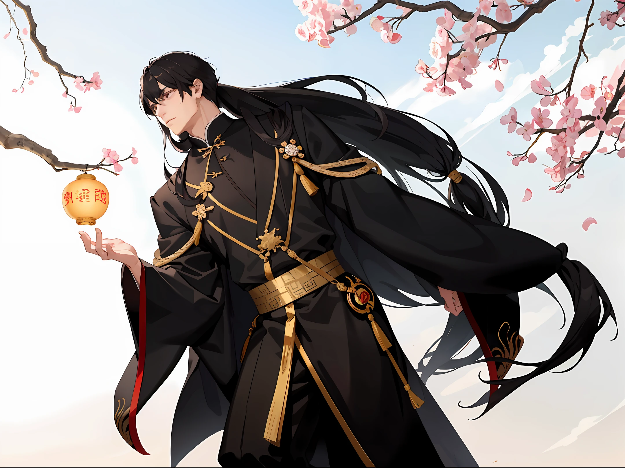 Masterpiece, Excellent, A Man, Chinese Style, Ancient Chinese, Black Hair, Gray Eyes, Split Hair, Long Hair, Long Bangs, High Ponytail, Handsome, Masculine, Gentle, Tall, Quiet, Black and Gold Robe, Outdoor, Branches, Wind Comfort, Young Man, Steady Expression, Posture Holding a Sword
