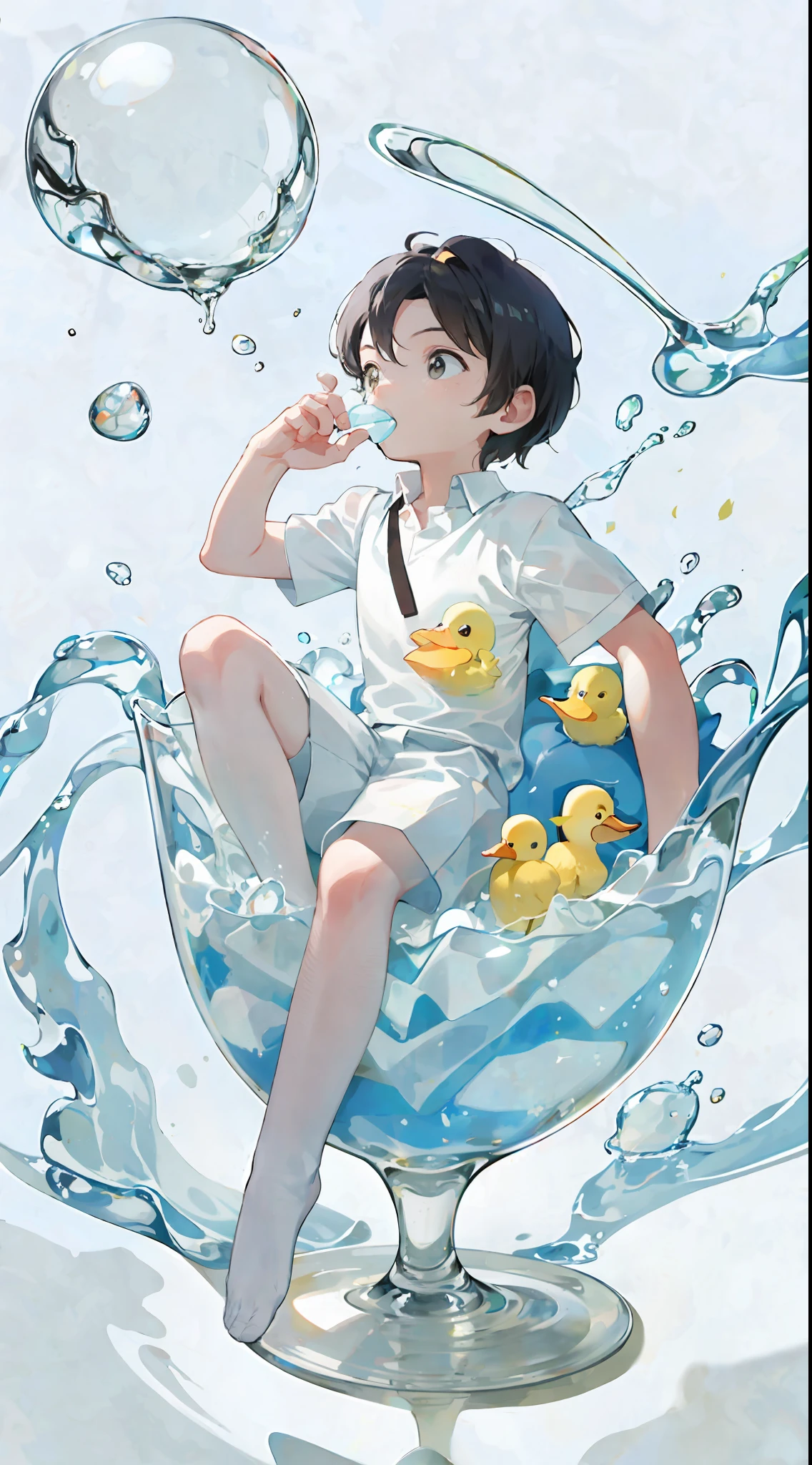 A little boy lies in a glass and happily tastes ice cream, cool liquid, shade, ice, sunlight, shade, little yellow duck