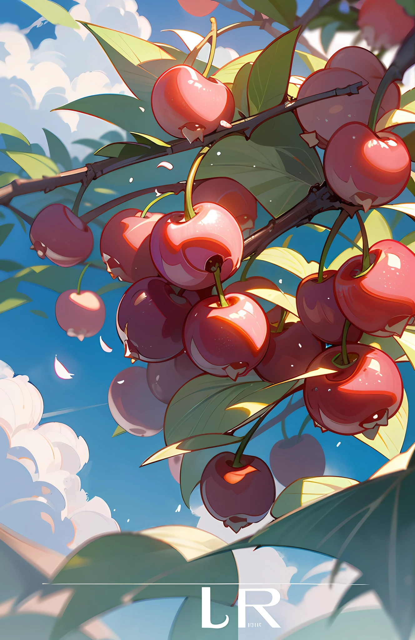 Wallpapers, poster, fruit, several fresh cherries, moist, summer, blue sky, white clouds, HD Detail, Moist Watermark, Ultra Detail, Movie, Hyper Realism, Soft Light, Deep Focus Bokeh, Ray Tracing, --niji 5