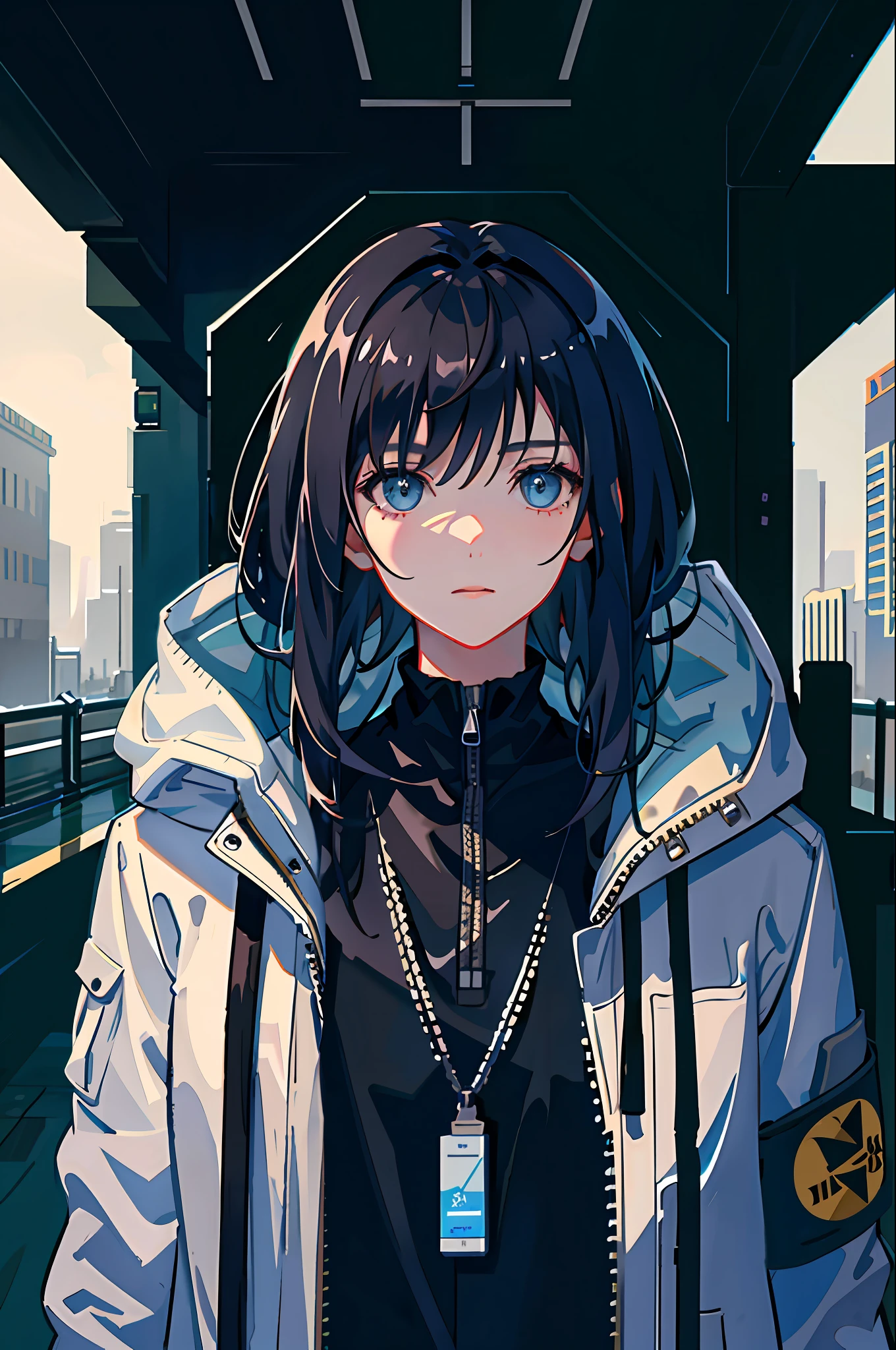 1girl, jacket, rain, outdoor, hoodie, open jacket, chain, backpack, looking at another, messy hair, trending on artstation, 8k resolution, highly detailed, anatomically correct, sharp image, digital painting, concept art, trending on pixiv, style of makoto shinkai,