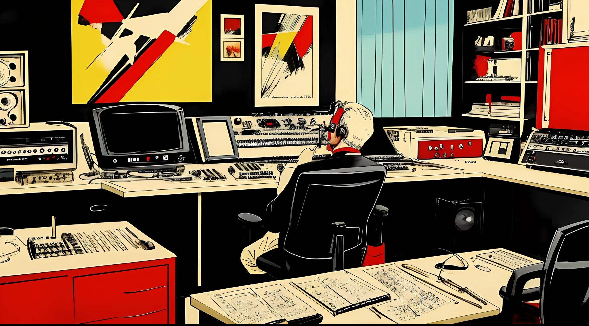 there is a 50 years old man with very short white beard,  short white hair, slightly overweighted, with glasses, sitting at a desk with a keyboard and headphones, keyboardist, in his basement studio, using synthesizer, tredning on art station, sitting at desk at keyboard, playing techno house music, tranding on art station, mixing, music being played, jamming to music, stunning illustration by Milton Caniff, duotone, two colors, black and red colors, drawing, painting, ink, masterpiece