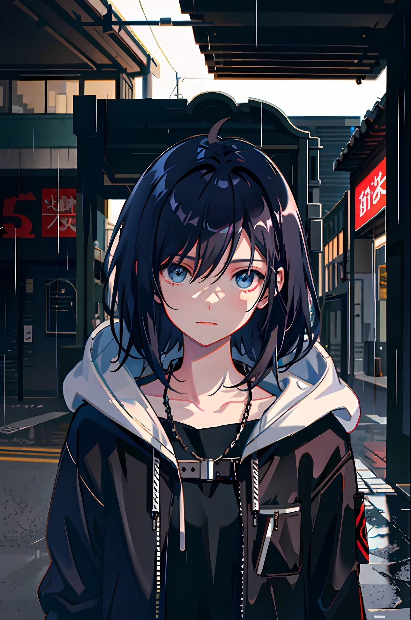 1girl, jacket, rain, outdoor, hoodie, open jacket, chain, backpack, looking at another, messy hair, trending on artstation, 8k resolution, highly detailed, anatomically correct, sharp image, digital painting, concept art, trending on pixiv, style of makoto shinkai,