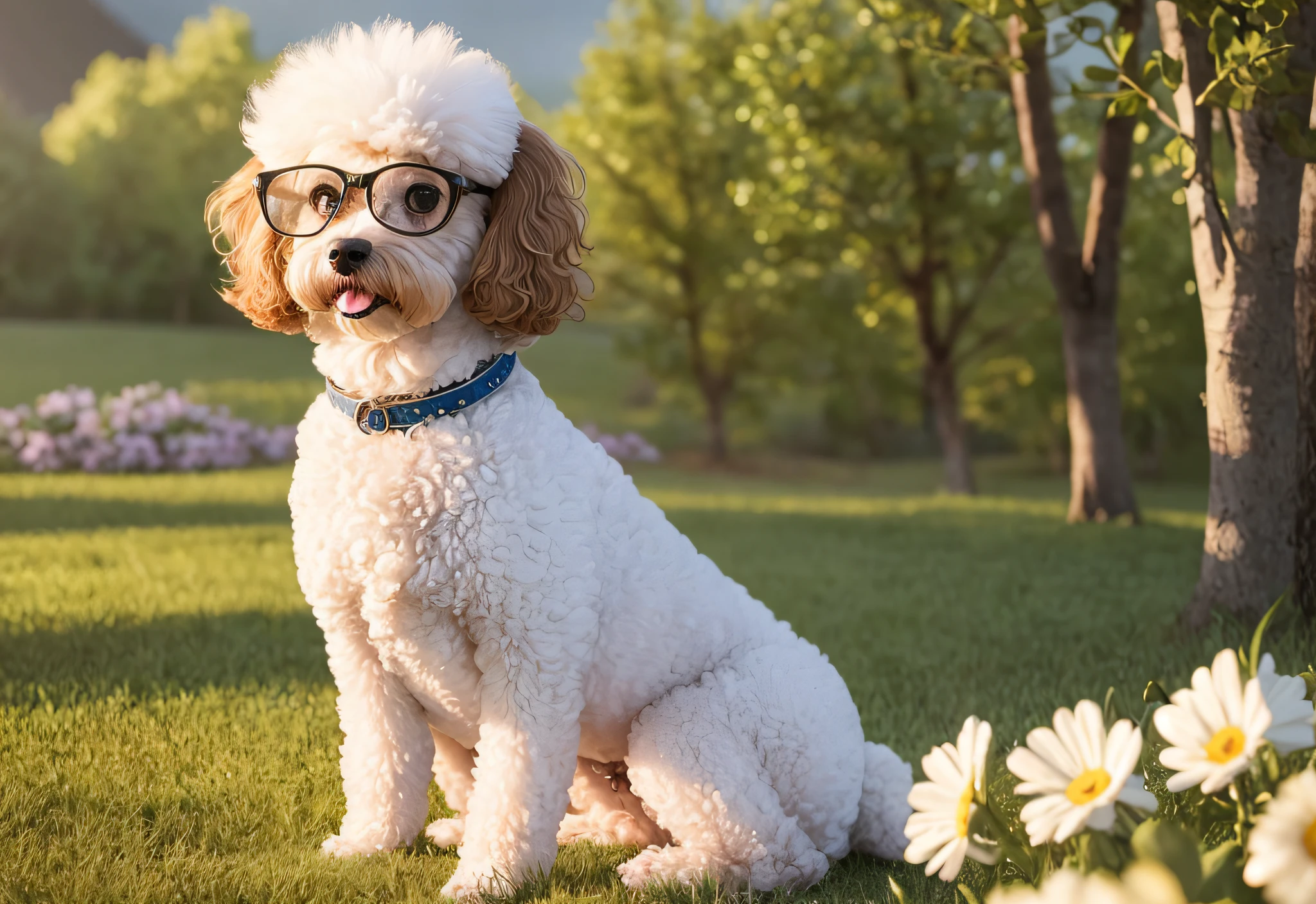 Toy poodle with glasses, Bichon Frise, adorable, champagne dog, full body champagne dog hair, dog eyes, light blue eyes, sitting, daylight, sitting on the prairie, beautiful flowers, long hair, beautiful detailed eyes, very detailed eyes and face, light on face, cute, best quality, masterpiece, illustration, very delicate and beautiful, very detailed, very detailed, CG, unity, 8k wallpaper, amazing, fine details, masterpiece Unity 8k wallpaper, highest quality, official art, highly detailed, highly detailed, (highest quality), (realistic, photorealistic: 1.2), 8k, soft lighting, high quality, official art, highly detailed CG Unity 8k wallpaper, movie lighting.