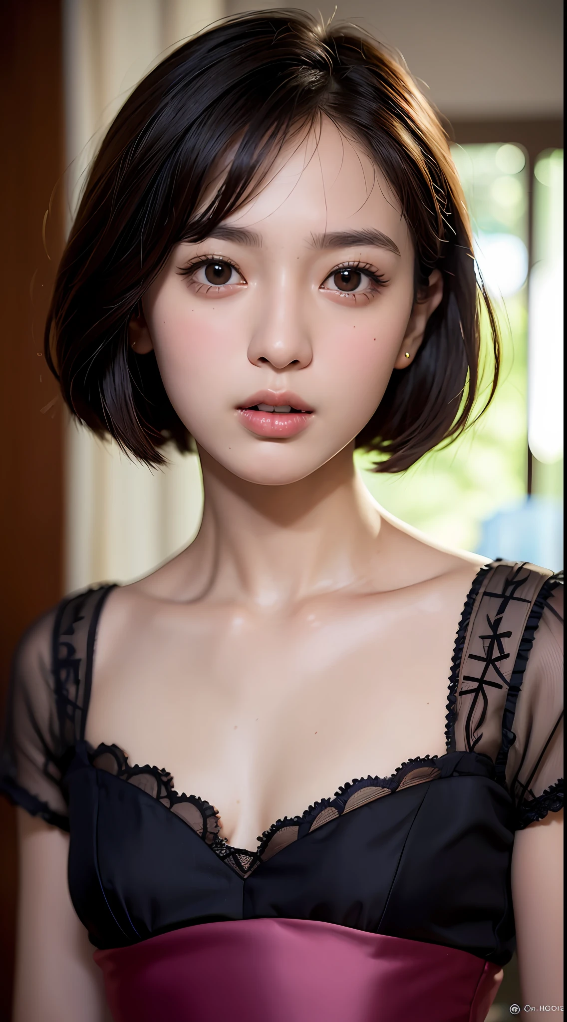(Singapore:1.5), Close-up, Masterpiece, Top quality, Picture from the waist up, Photorealistic, Face, Incredibly absurd, Beautiful girl, Cute, Short hair, Depth of field, High resolution, Ultra detail, Fine detail, Very detailed, Very detailed eyes and face, Sharp pupils, Realistic pupils, Sharp focus, Cinematic lighting, jewel babydoll clothes