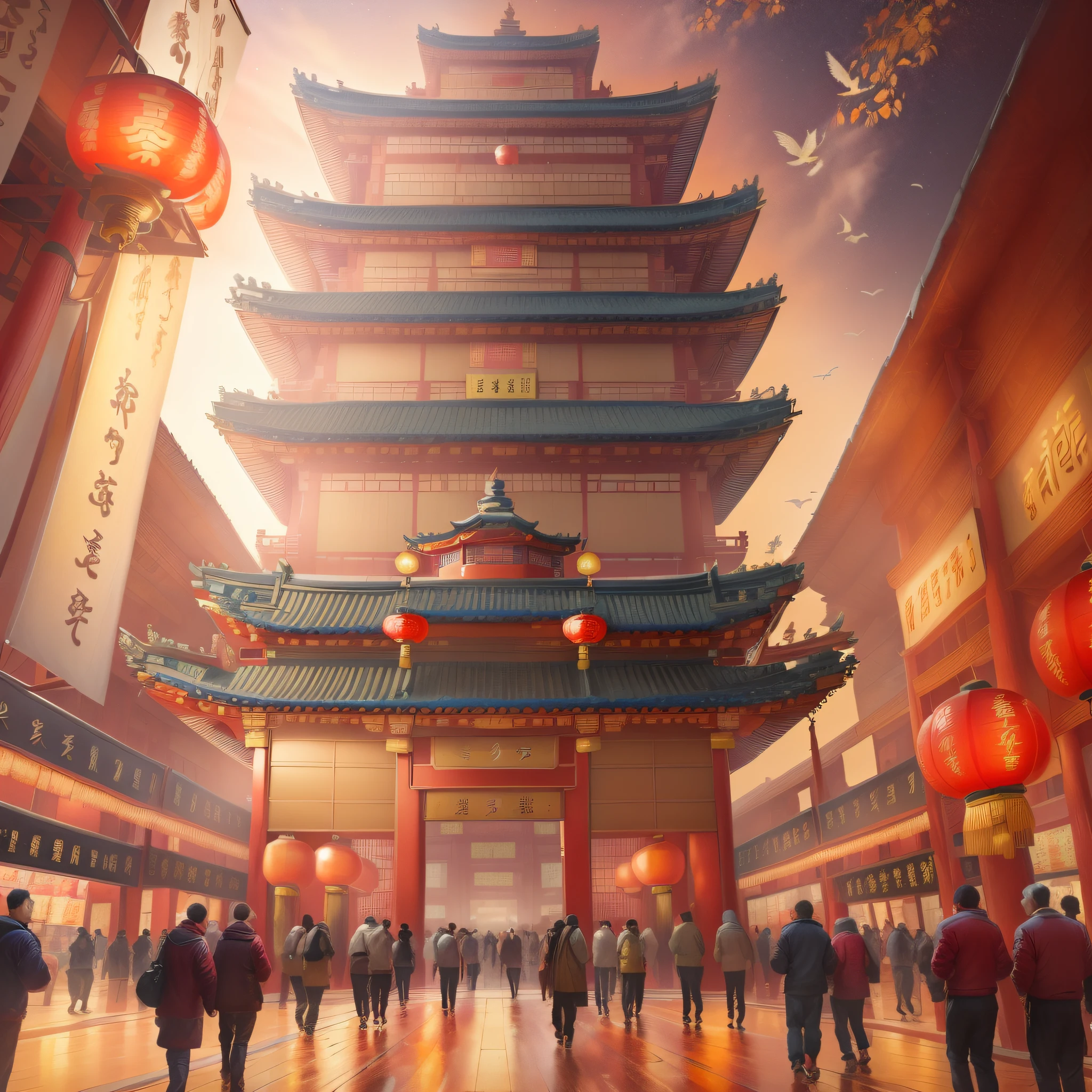 people walking in a large building with a lot of lights, digital painting of a pagoda, beautiful render of tang dynasty, ancient chinese architecture, dreamy chinese town, chinese building, cyberpunk chinese ancient castle, chinese watercolor style, chinese architecture, china town blade runner, china town, japanese city, a beautiful artwork illustration, chinese temple, background artwork, gta chinatown art style