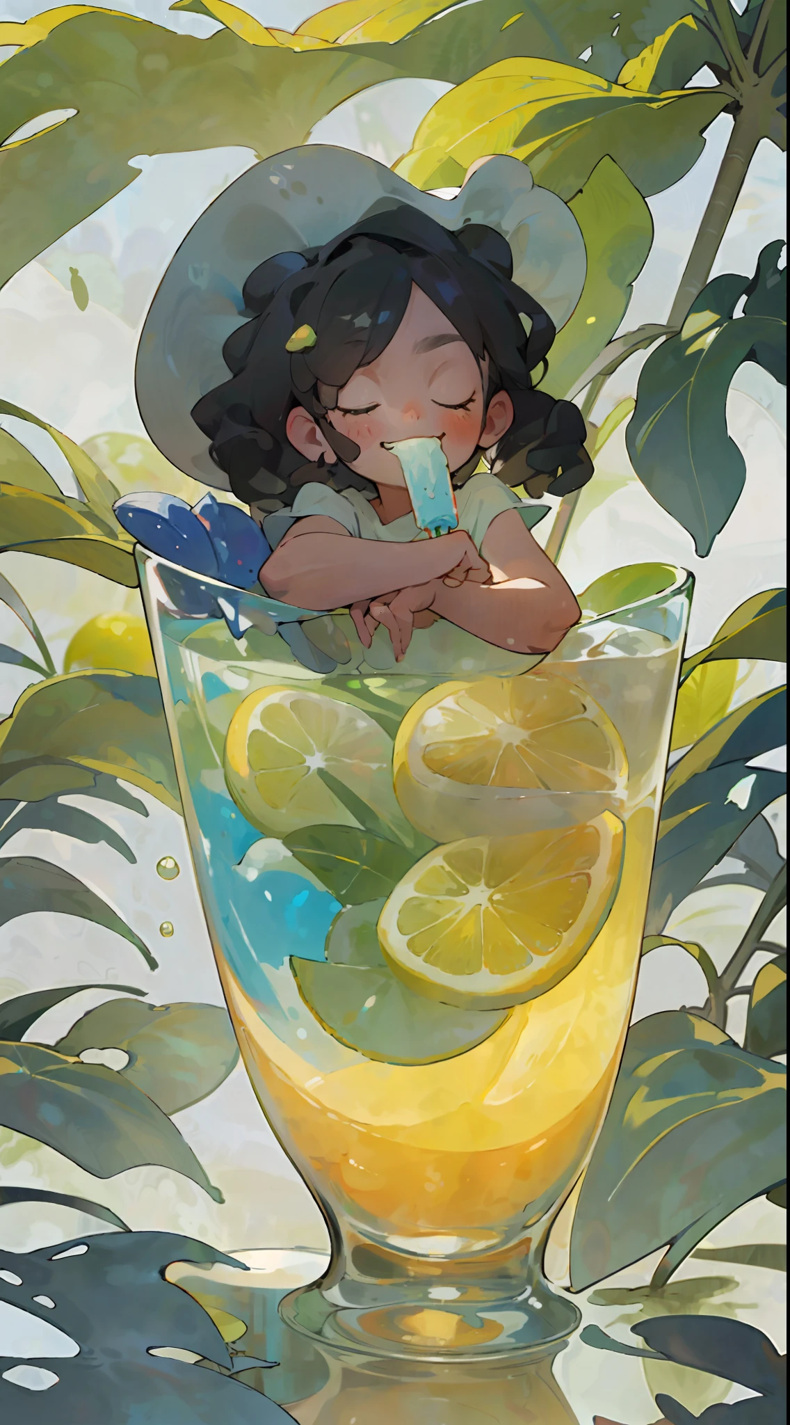 A sits in a glass and happily tastes ice cream, cool liquid, lemon, sunlight, shade, summer, yellow