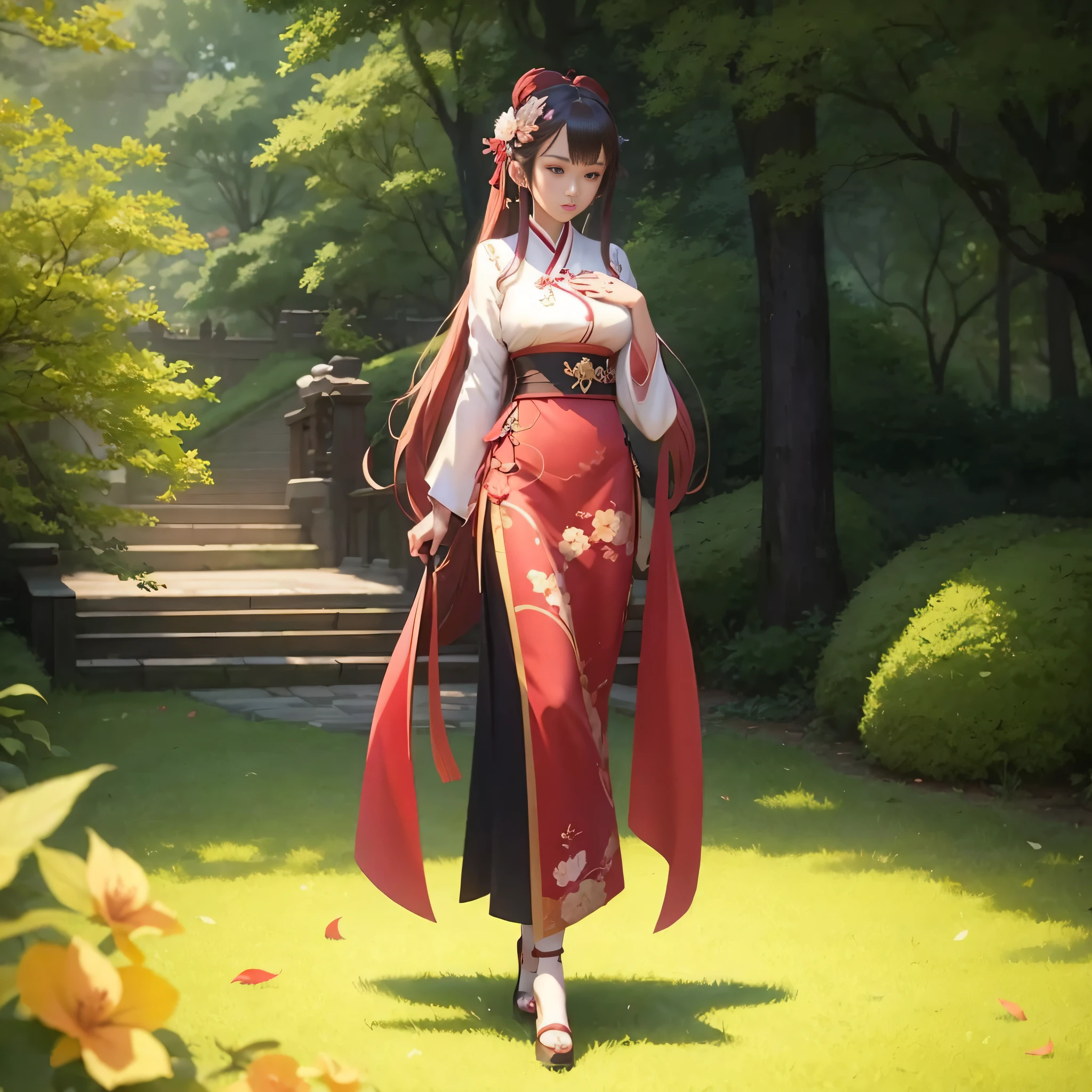 anime girl in a red kimono standing in a park, palace , a girl in hanfu, cute anime waifu in a nice dress, onmyoji detailed art, cushart krenz key art feminine, onmyoji, full body xianxia, dressed with long fluent clothes, smooth anime cg art, artwork in the style of guweiz
