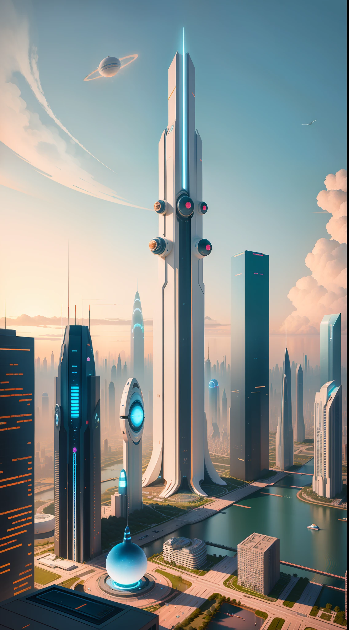 City skyline view with lake and park, illustration by Cha Shibiao, shutterstock, Art Nouveau, Shenzhen, Shenzhen, Shenzhen. Guangjian, the ultra-wide view of the urban landscape, the sci-fi buildings that break through the imagination, all buildings have a sense of technology and are full of technology. A sci-fi blockbuster with a sense of sight. There are flying saucers and spaceships looming in the sky. Architecture combined with lighting. Neon building. Beautiful city of the future, beautiful cityscape, tech city background, Hou porcelain, with a city in the background. Inspired by Makoto Shinkai's popular concept art and masterpieces on pixiv, vision (wide angle lens), super high resolution (fidelity: 1.4), super high quality, extremely detailed CG Unity 8k wallpapers, aesthetics, award winning photography, real High Detail, Detail Enhancement, Blur Removal, Intricacy, Traveling Art. Visually stunning. Beautiful future city, beautiful city, dream land of Chinese people, pexels, blue hour photography, Chinese dreamland, spectacular clouds, fantasy clouds.