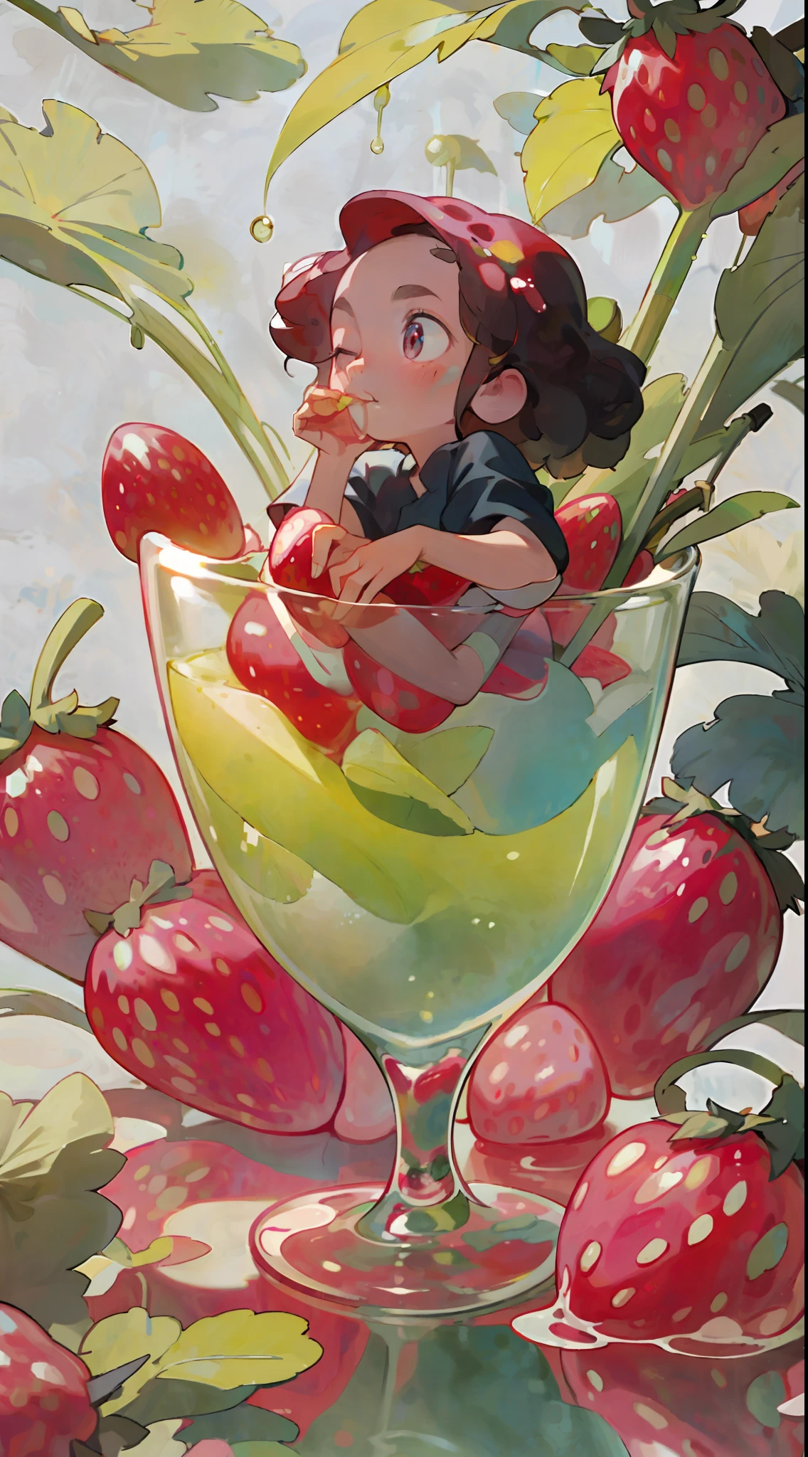 A little girl sitting in a glass, happily tasting strawberries, cool liquid, sunlight, shade, summer, pink,