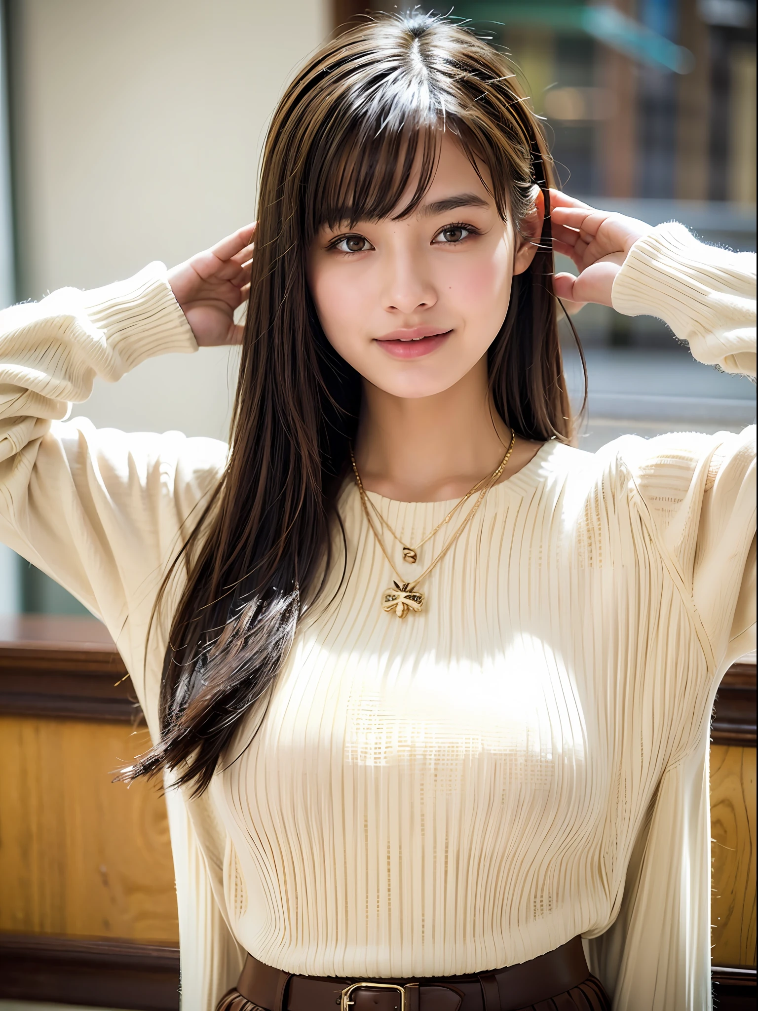 18 year old girl with perfect face and big breasts, café, salute, cute clothes, slim and slender physique. The skin has detailed and highly detailed eyes (1.1 emphasis), very detailed skin texture (1.1 emphasis). slender necklace, model photo style, photorealistic, skin texture is real human skin texture, detailed skin pores, intricate details, eyes are very detailed, beige turtle knit, brown jumper skirt, in the city, smile