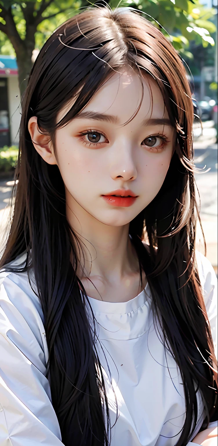 a close up of a woman with long hair wearing a white shirt, 1 8 yo, 18 years old, 19-year-old girl, xintong chen, korean girl, xision wu, heonhwa choe, 2 , 21 years old, ulzzang, wenfei ye, young cute wan asian face, lips