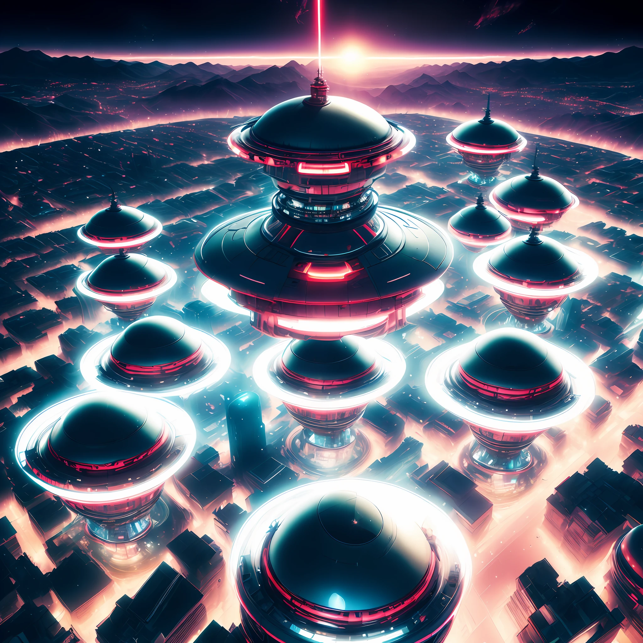 (atompunk style:1) an artist's rendering of a futuristic city at night