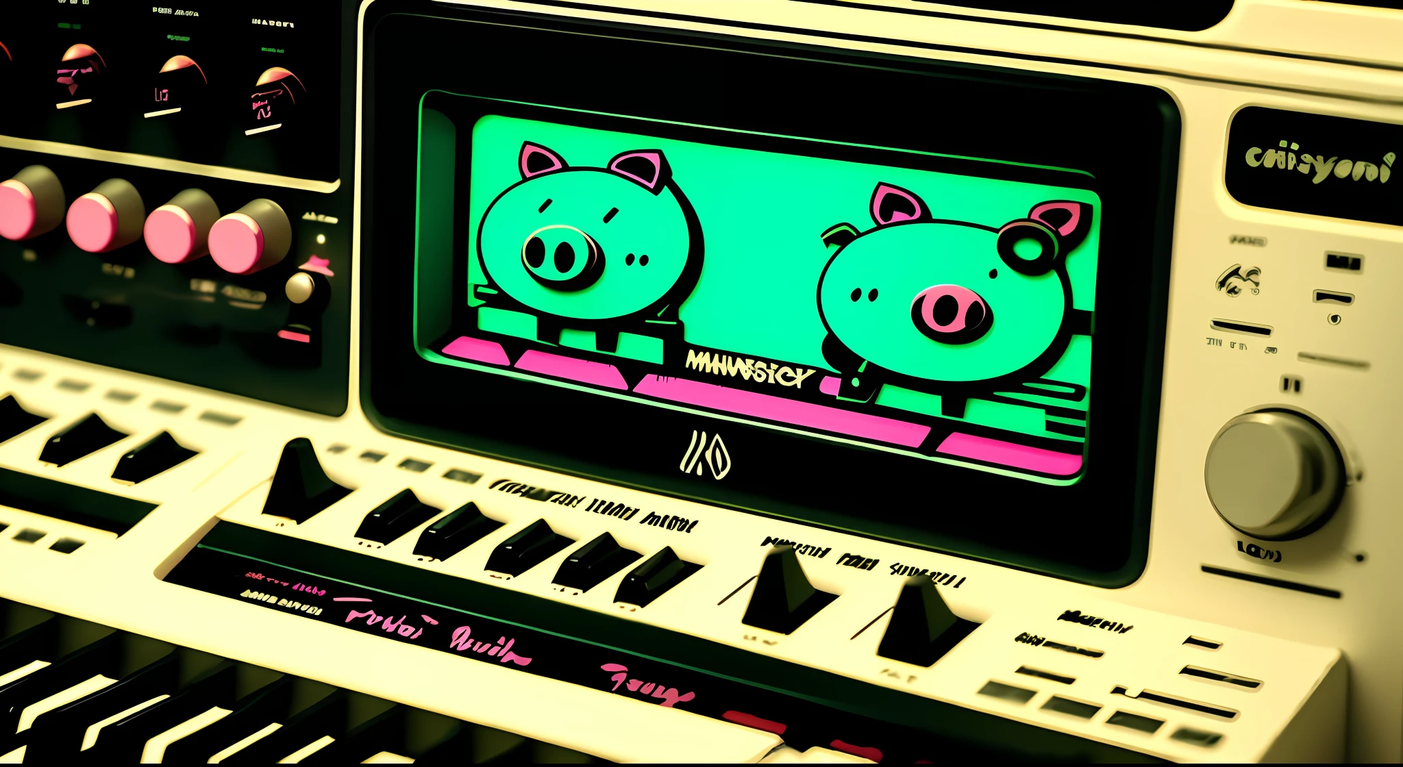 there is a close up of a keyboard and a music equipment, with a ((((cartoon piggy logo)))) on it's side, audio equipments, synthesizers, vintage electronics, synthesizer, rack, synth, cables, wires, electronic music, retro effect, vintage saturation, synth vibe, radio equipment, instruments, devices and instruments, studio recording, synth feel, electronic, retro stylised, mellotron, retro - vintage, computer music