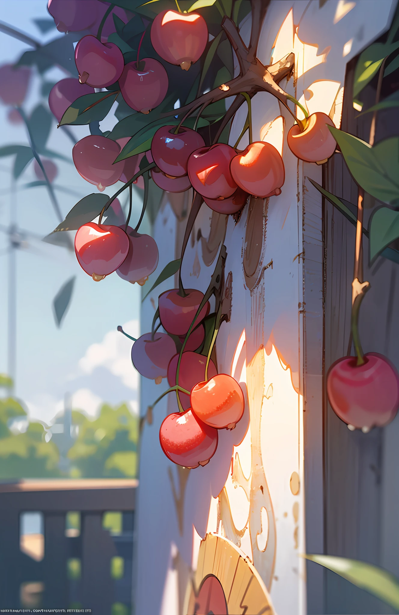 Wallpapers, poster, fruit, (several fresh cherries), moist, summer, blue sky, white clouds, HD Detail, Moist Watermark, Ultra Detail, Movie, Hyper Realism, Soft Light, Deep Focus Bokeh, Ray Tracing, --niji 5