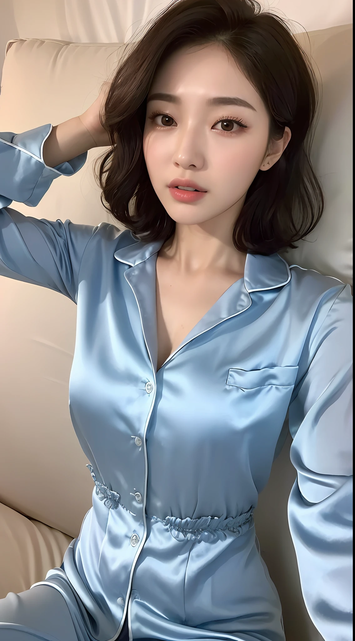 (Top Quality, 8k, 32k, Masterpiece, UHD: 1.3), (Kpop Idol: 1.3), 1 Girl, (Big: 1.2), (Short Wavy Hair), Abs, Perfect Body, Ultra Detailed Face, Detailed Lips, Fine Eyes, Double Eyelids, Satin Pajamas, On Bed, (Seductive), ((Awakening: 1.5))