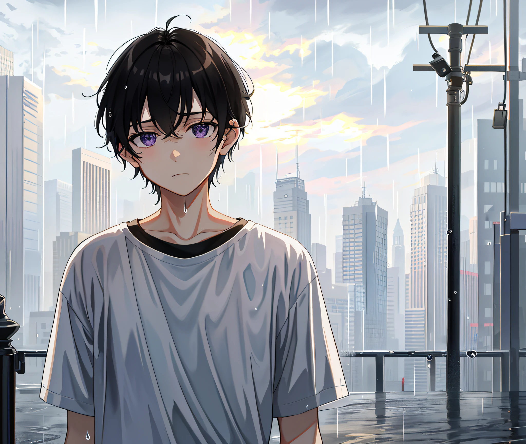 masterpiece, best quality, {best quality}, {{masterpiece}}, {highres}, {{depth of field}}, extremely detailed boy, illustration, solo, sharp focus, male focus, black hair, short hair, violet eyes, hair between eyes, flat chest, rain, water drop, looking up, absurdres, depressed, grey_sky, cloudy sky, t-shirt, wet clothes, wet hair, expressionless, outdoors,