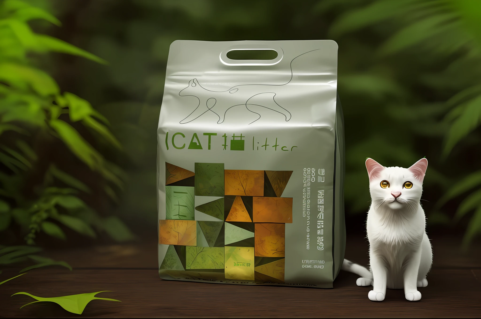 This is a product picture of cat litter, the best quality,
(Natural elements), (jungle theme), (leaves), (cats) retain the original colors, retain the original patterns
, (branches), (fireflies) ,
(best quality),
(Delicate leaves)
, (best shades) , forest theme with natural elements. Quiet stream surrounded by delicate foliage and branches
, (Particle Effects). , isometric 3D, Octane dye, light tracking, super detailed
