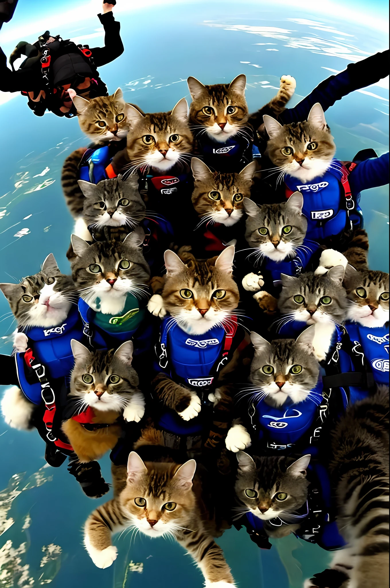 gopro footage of a group of badass cat skydiving, falling style of cats, wear skydiving suit, look at a camera, soft volumetric lights, detail cat hands, air,