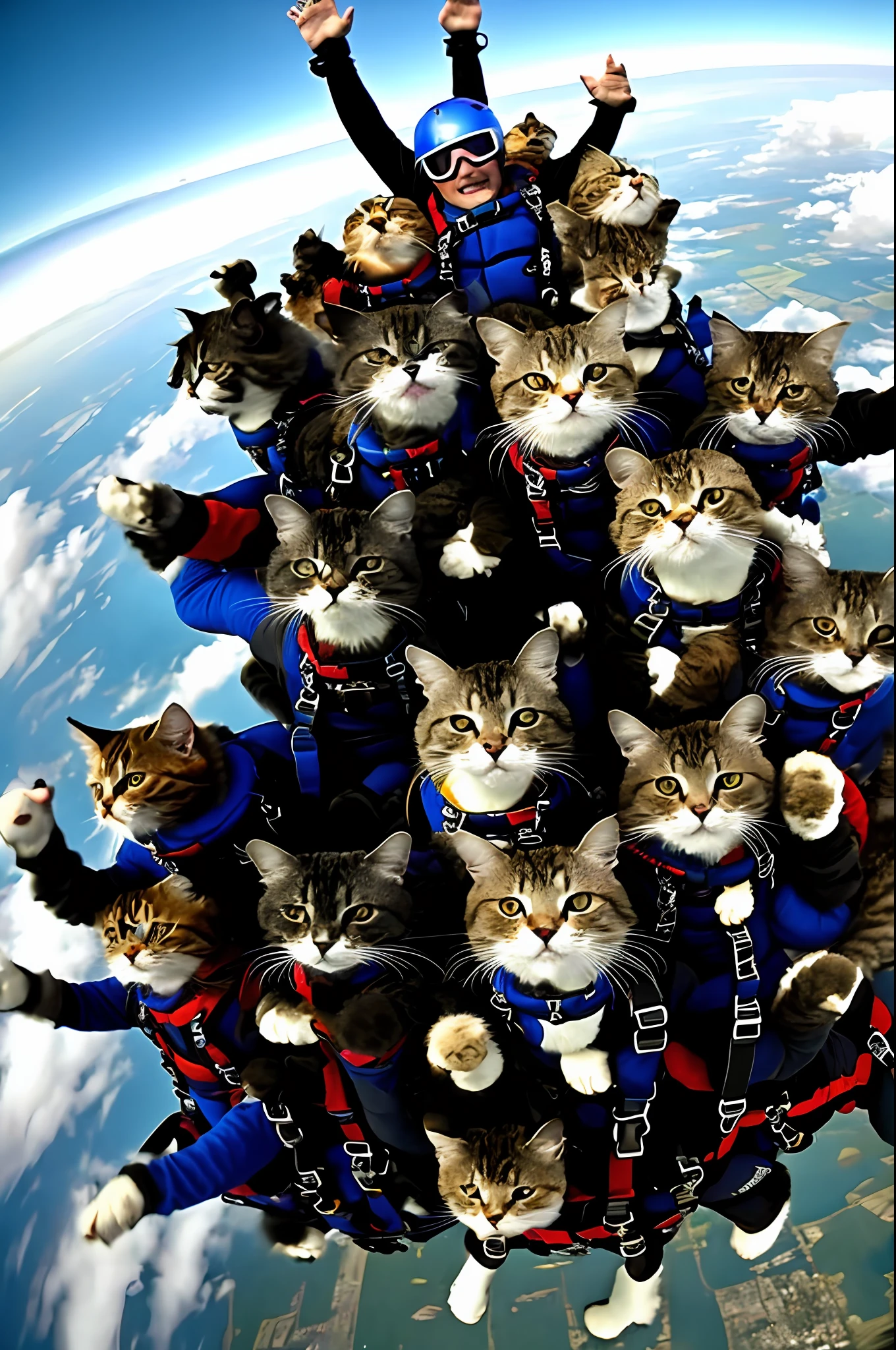 gopro footage of a group of badass cat skydiving, falling style of cats, wear skydiving suit, look at a camera, soft volumetric lights, detail cat hands, air,