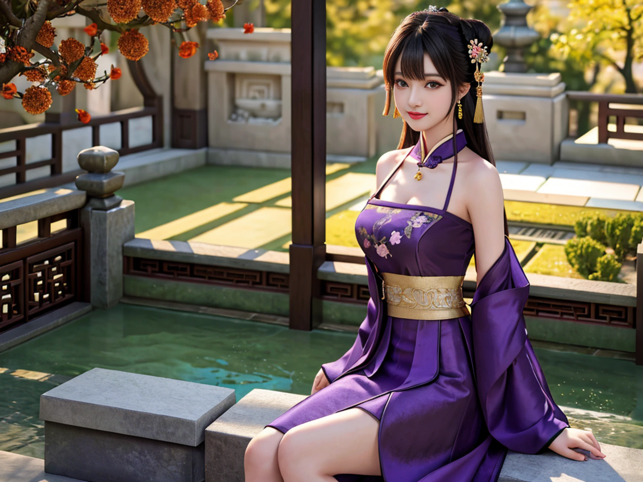 Excellent, masterpiece, best quality, high resolution, and its detailed, 8k, wallpaper, very realistic, (((a girl))), (solo))), sitting on a stone, facing the audience, blush, star pupils, (realistic face), (high detail face), bright big eyes, (smile: 0.9), teeth, sweet smile, beautiful and delicate face, sexy body, (high detail skin: 1.2), Chinese hanfu, ((purple dress)), short skirt, leaky shoulders, legs, bandeau, cleavage, medium chest, long black hair, bangs, bun, detailed hair accessories, necklace, jewelry, beauty, realistic, light, Chinese style ancient garden, courtyard full of plum blossoms, detailed background, 8k uhd, SLR, soft light, high quality, volumetric lighting, candid shot, photo, high resolution, 4k