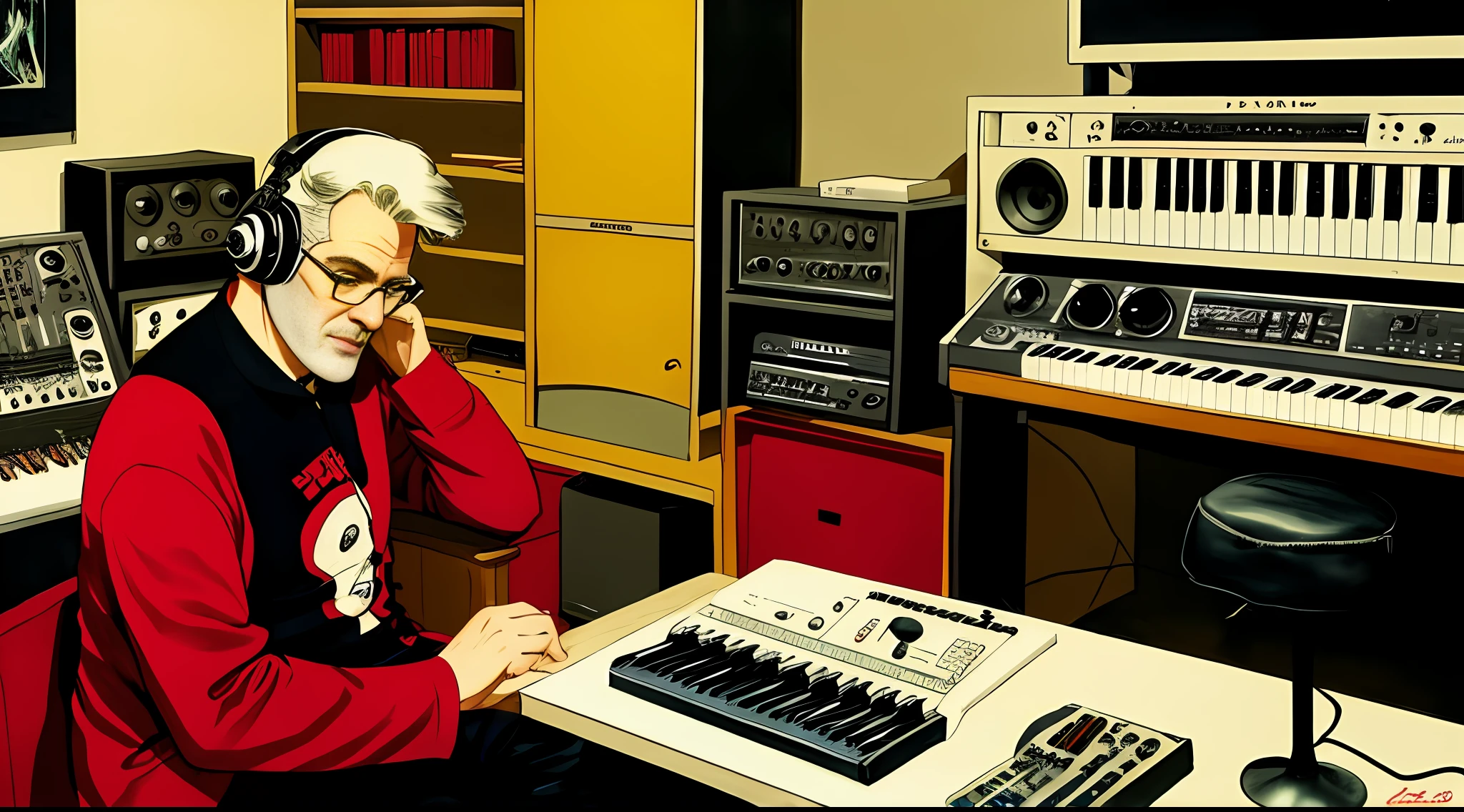 there is a 50 years old man with very short white beard, short white hair, slightly overweighted, with glasses, sitting at a desk with a keyboard and headphones, keyboardist, in his basement studio, using synthesizer, tredning on art station, sitting at desk at keyboard, playing techno house music, tranding on art station, mixing, music being played, jamming to music, stunning illustration by Milton Caniff, duotone, two colors, black and red colors, drawing, painting, ink, masterpiece