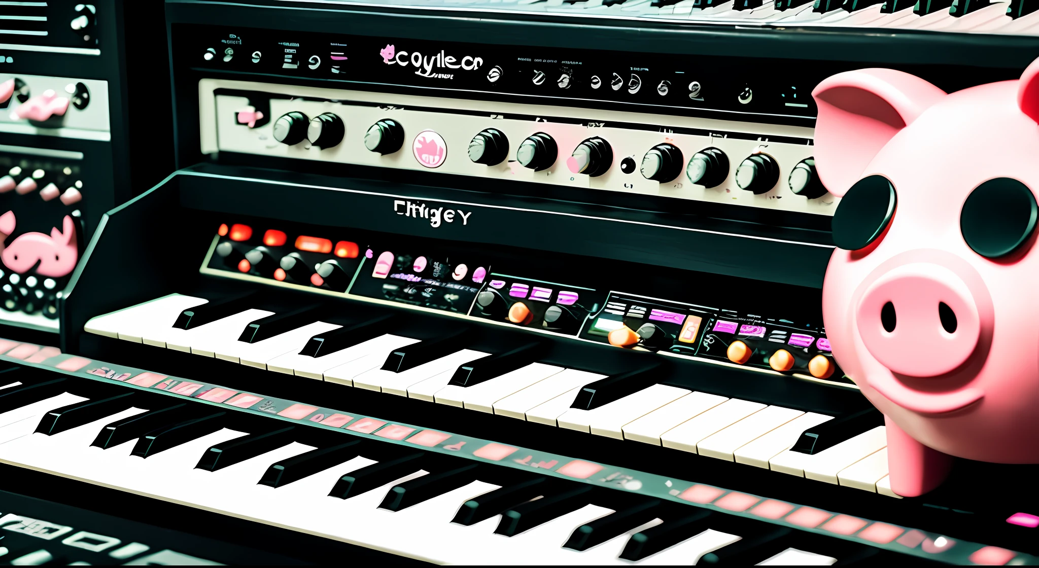 there is a close up of a keyboard and a music equipment, with a ((((cartoon piggy logo)))) on it's side, audio equipments, synthesizers, vintage electronics, synthesizer, rack, synth, cables, wires, electronic music, retro effect, vintage saturation, synth vibe, radio equipment, instruments, devices and instruments, studio recording, synth feel, electronic, retro stylised, mellotron, retro - vintage, computer music