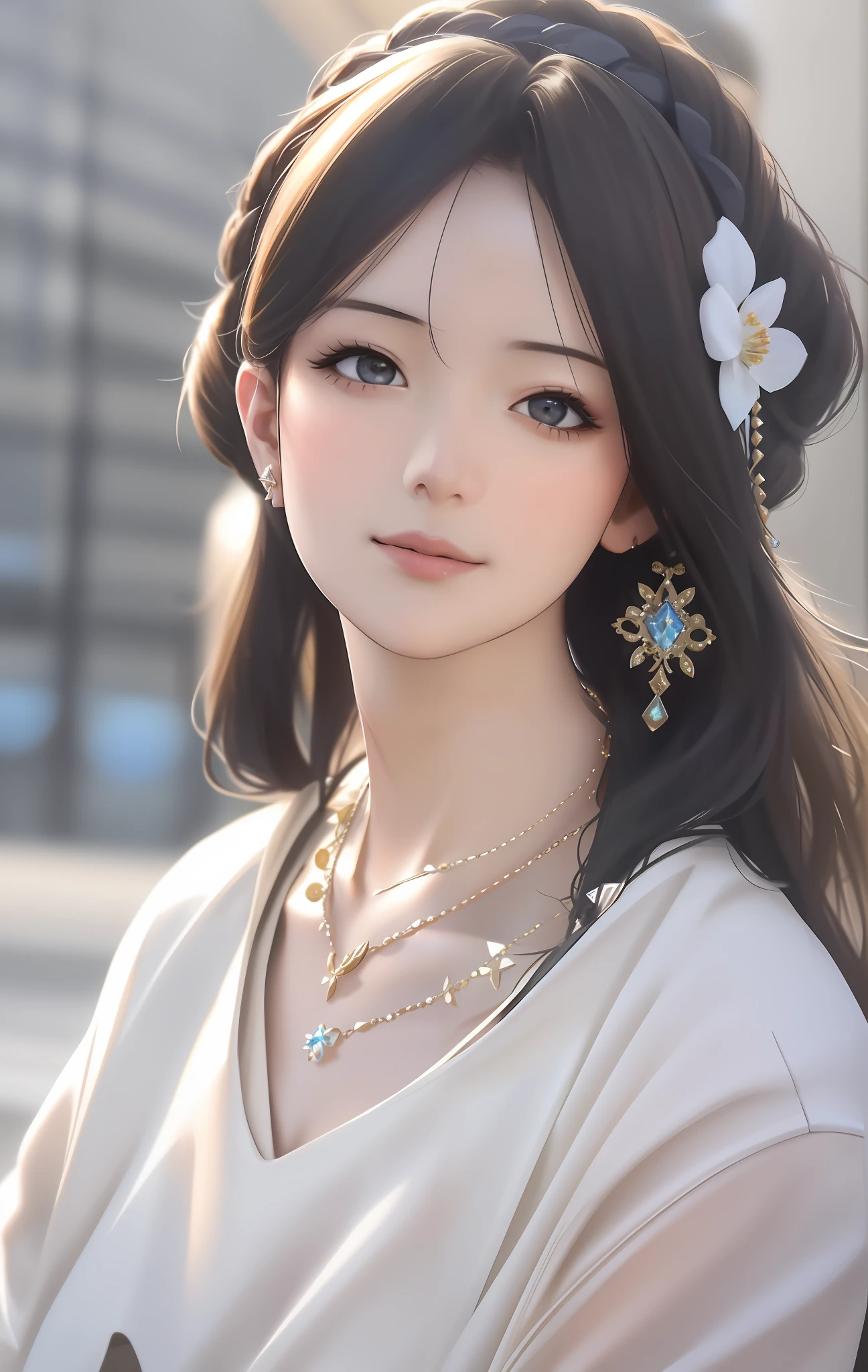 Best Quality, Masterpiece, High Resolution, 1girl, Porcelain Dress, Hair Accessories, Necklace, Jewelry, Beautiful Face, Physically, Tyndall Effect, Realistic, Dark Studio, Rim Lighting, Duotone Lighting, (High Detail Skin : 1.2), 8k uhd, dslr, soft light, high quality, volume light, candid, photo, high resolution, 4k, 8k, bokeh