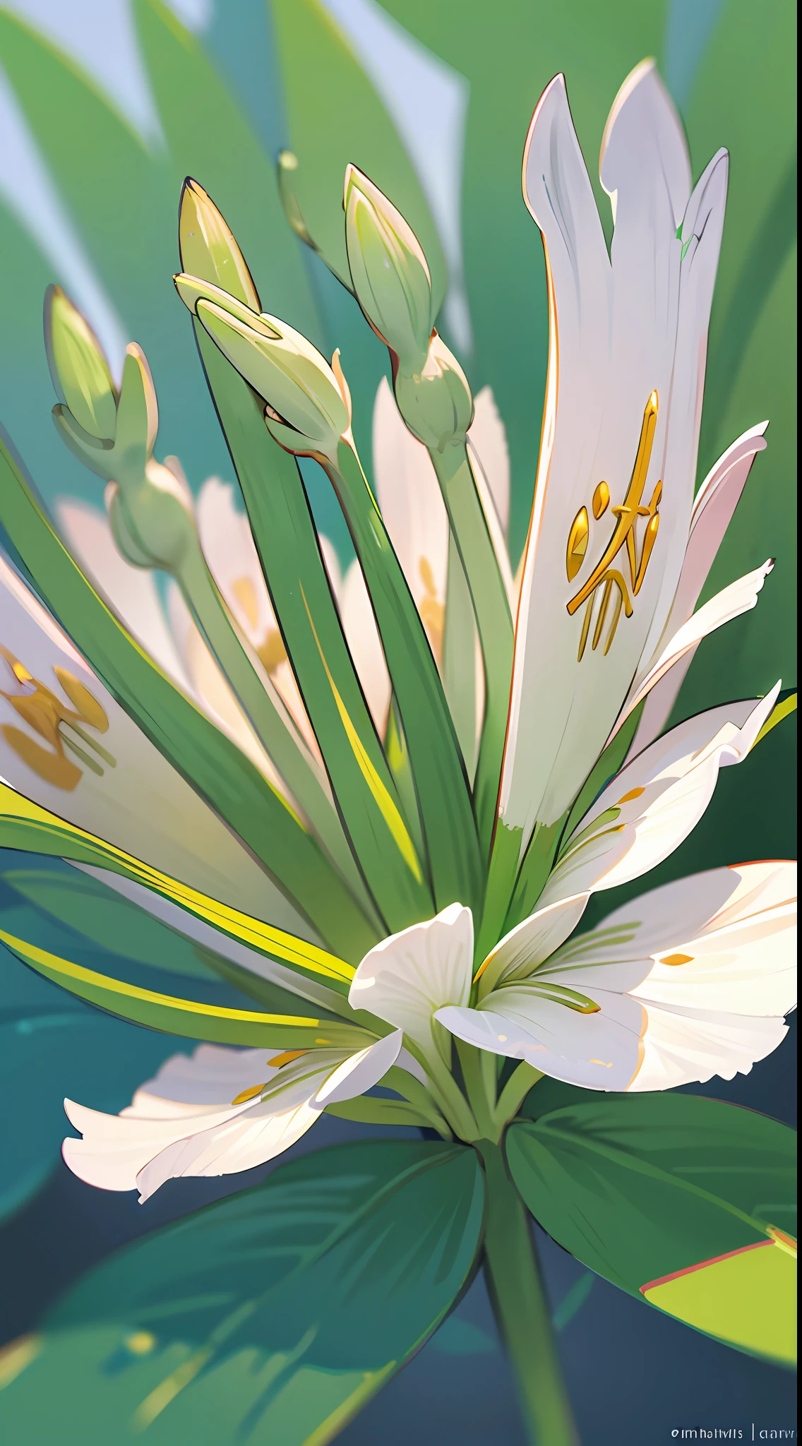 Close-up of lilies, high-precision picture quality, beautiful white background showing a lily picture. White lilies bloom towards us in pictures, capturing every corner of the human eye. The details of the petals are delicate and gorgeous, the exotic ears take on a sense of mystery, and the glowing details make the flowers look even more delicate. Improve the details of the stem and flower of the cosmic lily to make the picture more perfect.