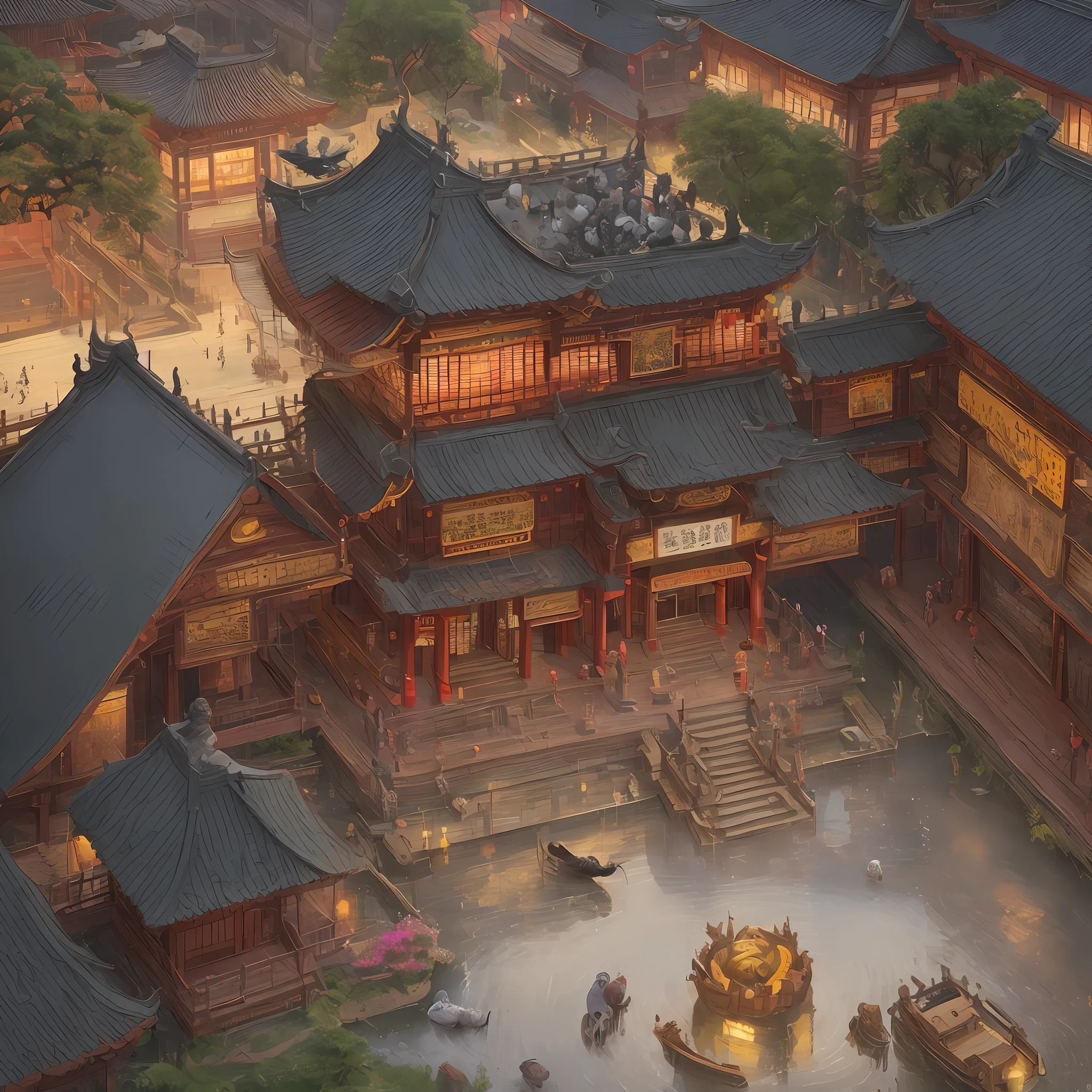 Hanshan Temple outside Gusu City, the midnight bell to the passenger ship, superb, masterpiece, illustration, wallpaper, absurd, bird's eye view, bird's eye view: 0.3