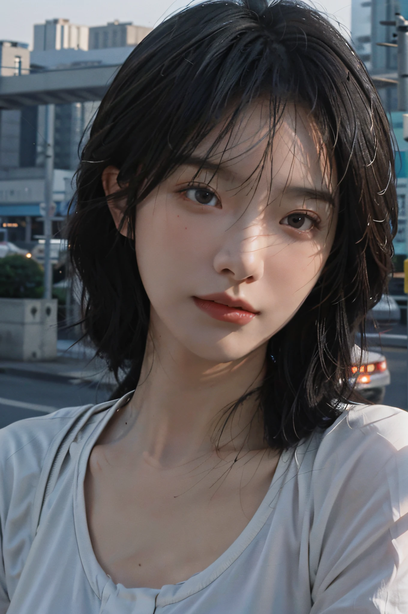 8K, Best Picture Quality, Masterpiece, Ultra High Definition, Strong Realism (1.4), Authentic (1.3), Strong Film Grain (1.3), Selfie Angle, 1 Girl, Beautiful Eyes and Face Detail, Masterpiece Quality, Best Quality, Close Up, Full Body, Best Quality, Masterpiece, Photo Realistic, Complex Detail, Original Photo, Photon Rendering, Octane Rendering, Ridious, Ultra Detailed, Detailed Face, Detailed Skin, Trending in artstation,8k masterpiece, cinematic lighting, landscape, landscape, nobody, cityscape, sky, city, cloud, outdoor, building, sunset, city lights, bridge, river, tree, roadn, artist name,