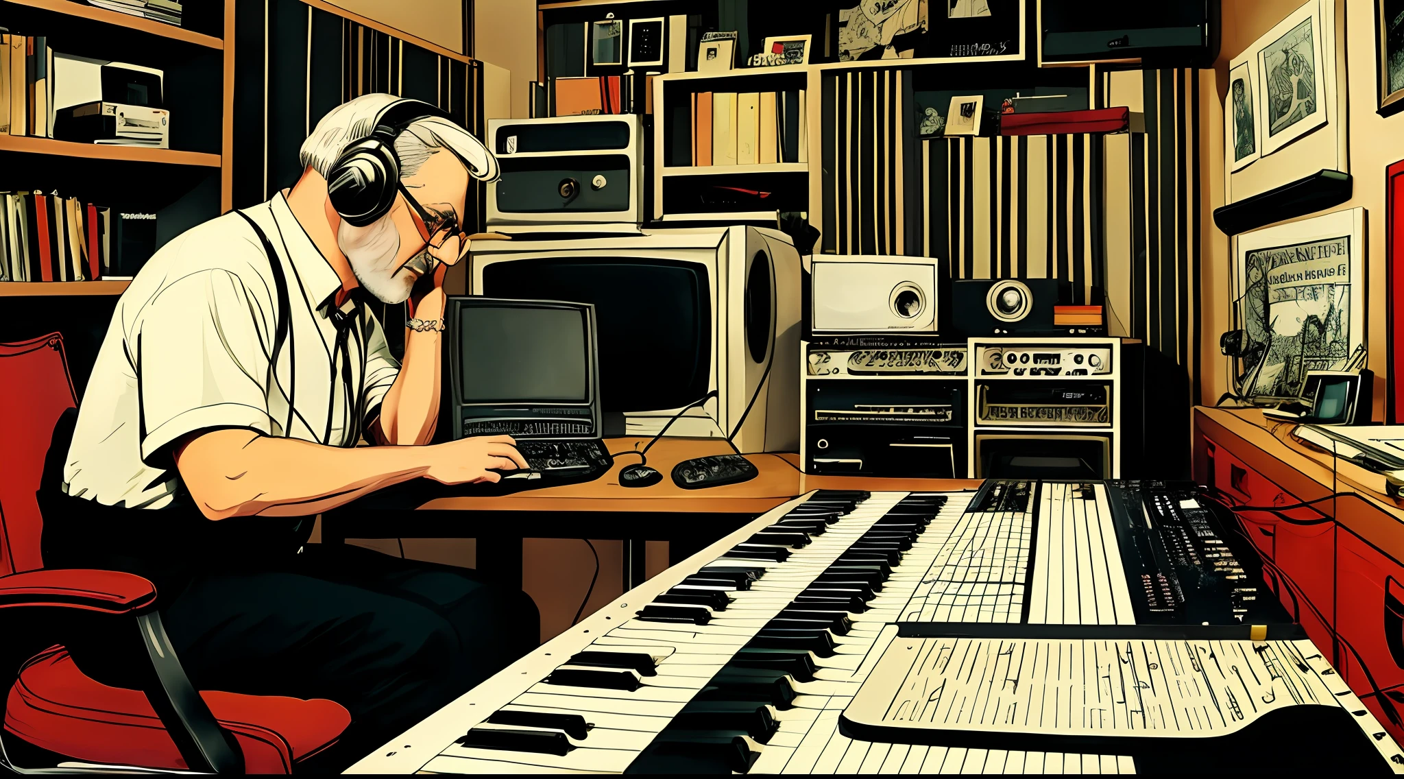 there is a 50 years old man with very short white beard, short white hair, slightly overweighted, with glasses, sitting at a desk with a keyboard and headphones, keyboardist, in his basement studio, using synthesizer, tredning on art station, sitting at desk at keyboard, playing techno house music, tranding on art station, mixing, music being played, jamming to music, stunning illustration by Milton Caniff, duotone, two colors, black and red colors, drawing, painting, ink, masterpiece