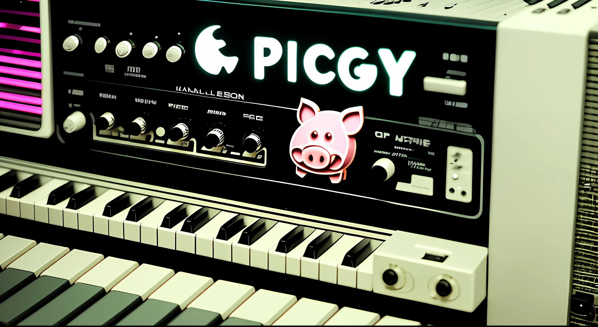 there is a close up of a keyboard and a music equipment, with a ((((cartoon piggy logo)))) on it's side, audio equipments, synthesizers, vintage electronics, synthesizer, rack, synth, cables, wires, electronic music, retro effect, vintage saturation, synth vibe, radio equipment, instruments, devices and instruments, studio recording, synth feel, electronic, retro stylised, mellotron, retro - vintage, computer music