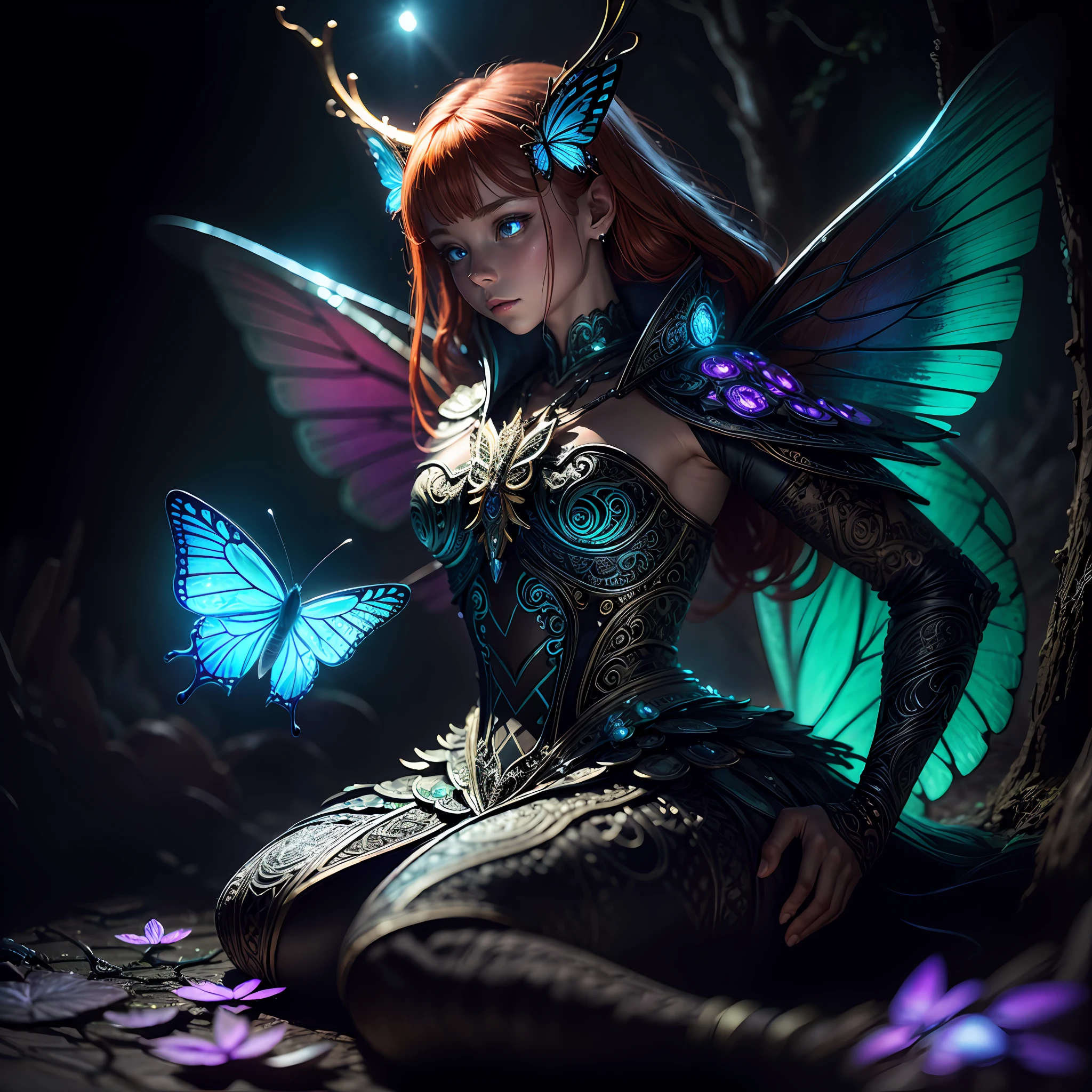 a ginger Fairy, wearing glimmering butterfly wings highly detailed, symmetric,, intricately detailed colorful magical forest, detailed intense sunrise lightning, ultra deep focus, ultra large DOF, best geometry, award wining masterpiece, ultra intricate shadows and lighting, best lighting, best shadows, intricate busy setting, ultra detailed intricate background, trending on art station, global illumination, selfilluminated, bioluminescence, midjorney style, art by Albert Bierst