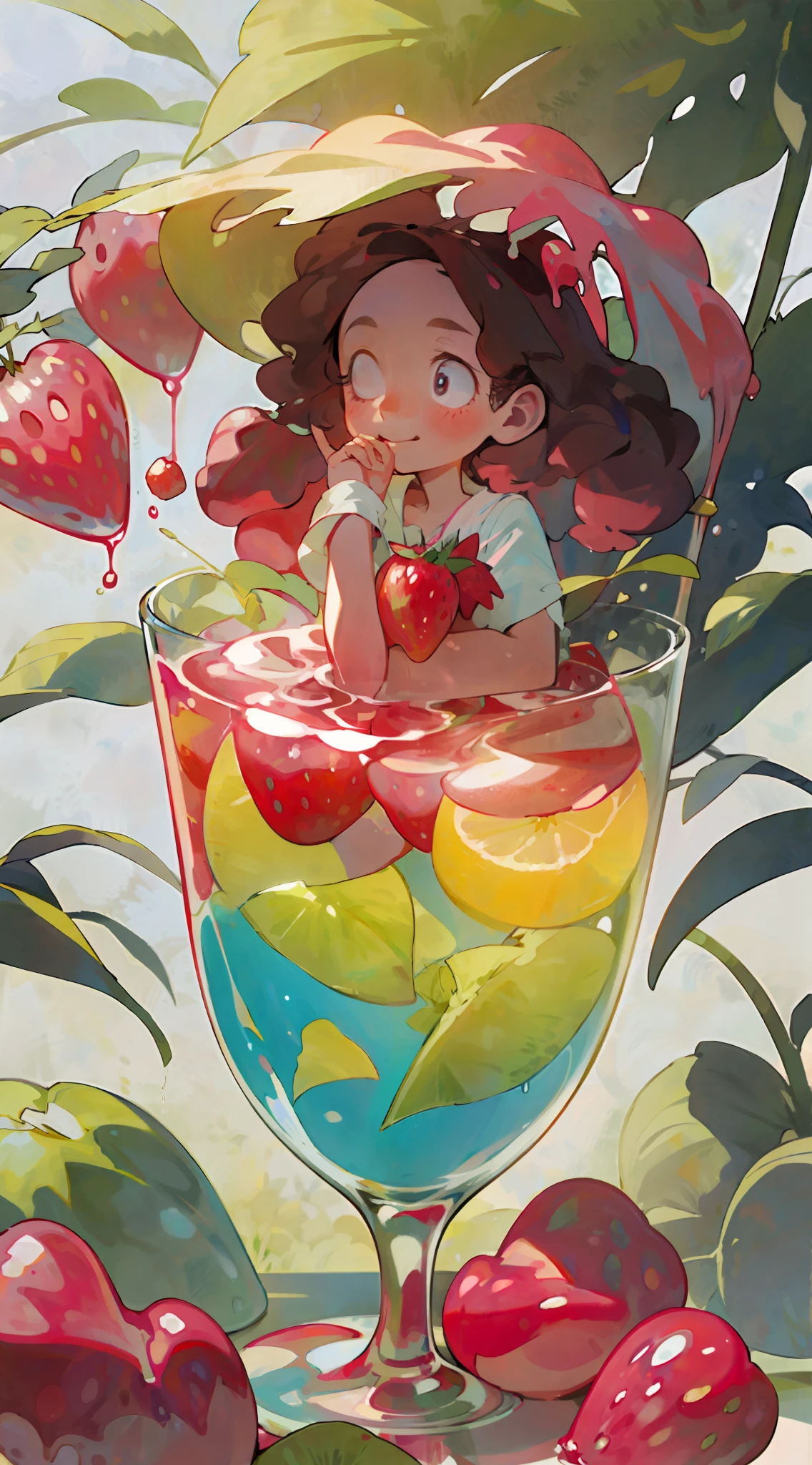 A sitting in a glass, happily eating strawberries, cool liquid, sunlight, shade, summer, pink,