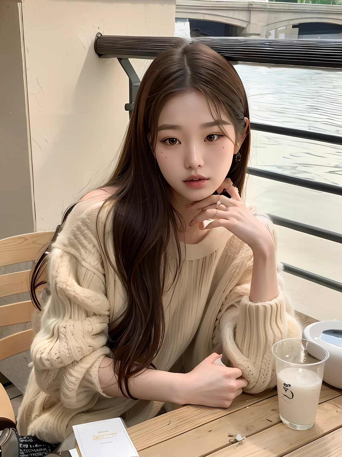 Gorgeous young Korean woman sipping at the table, (ulzzang, Bae Susie: 1.2), (fashion model: 1.1), (young woman: 1.1), (Korean girl: 1.1), (19 years old: 1.1), (Asian girl: 1.1), (popular Korean makeup: 1.1), (female model: 1.1), (long hair: 1.1), including: Araki woman, beautiful Korean woman, Korean makeup (multiple styles to own).