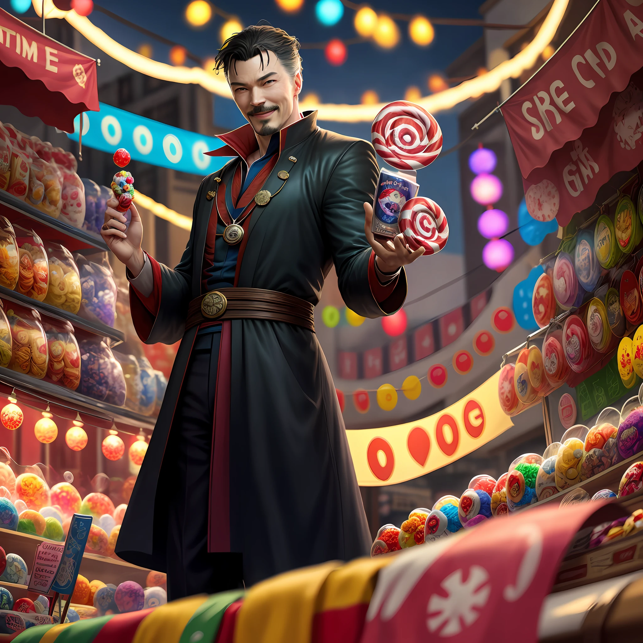 Dr strange,realistic dr strange,selling circle candy,nightmarket,smiling,8k