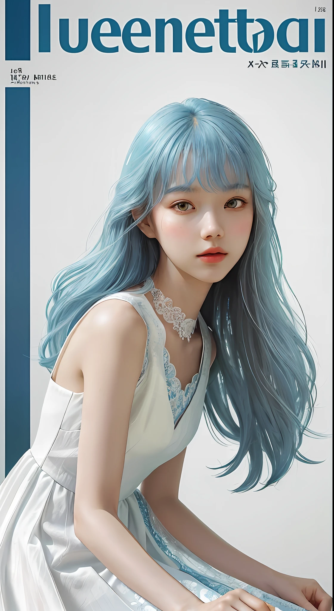 Masterpiece, Superb Style, Summer Dress, Color Hair, Indoor, Hotel, Magazine Cover, Upper Body, 1Girl, Delicate Hair, Arm Carving, Dream Blue Hair All Over, Delicate Shoes, Eye Carving, Delicate Hair, Clay Texture, Stepping on the Ground, Black and White Background, Natural Light, Best Quality, Ultra Detail, 8K, , (Facial Features to Be Clear)!!!! (The facial features are naturally rich, the character has only two legs and only five fingers on the hands)