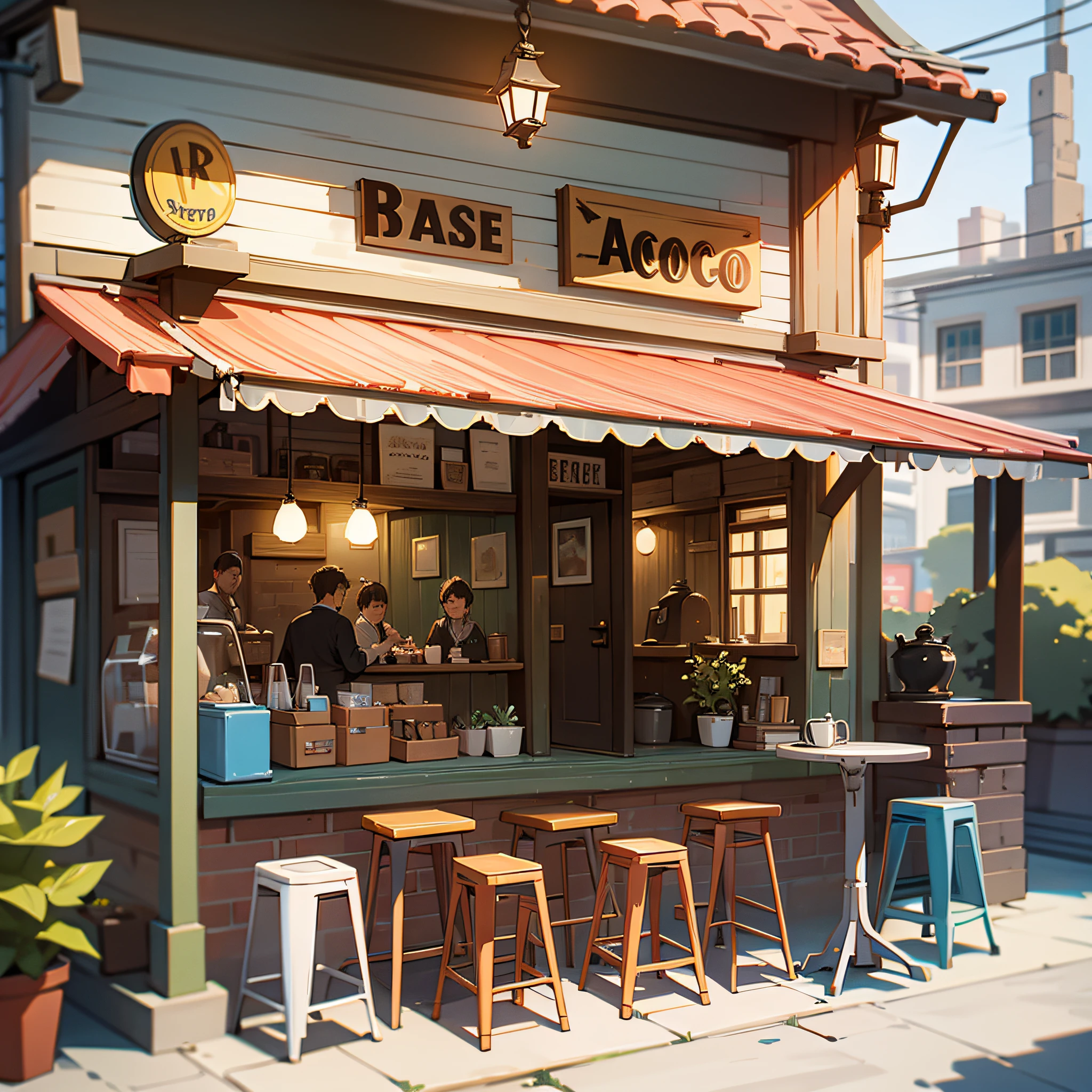 A retro coffee shop with a small yard in front of the door, hyper-realistic, detailed, excellent --auto --s2