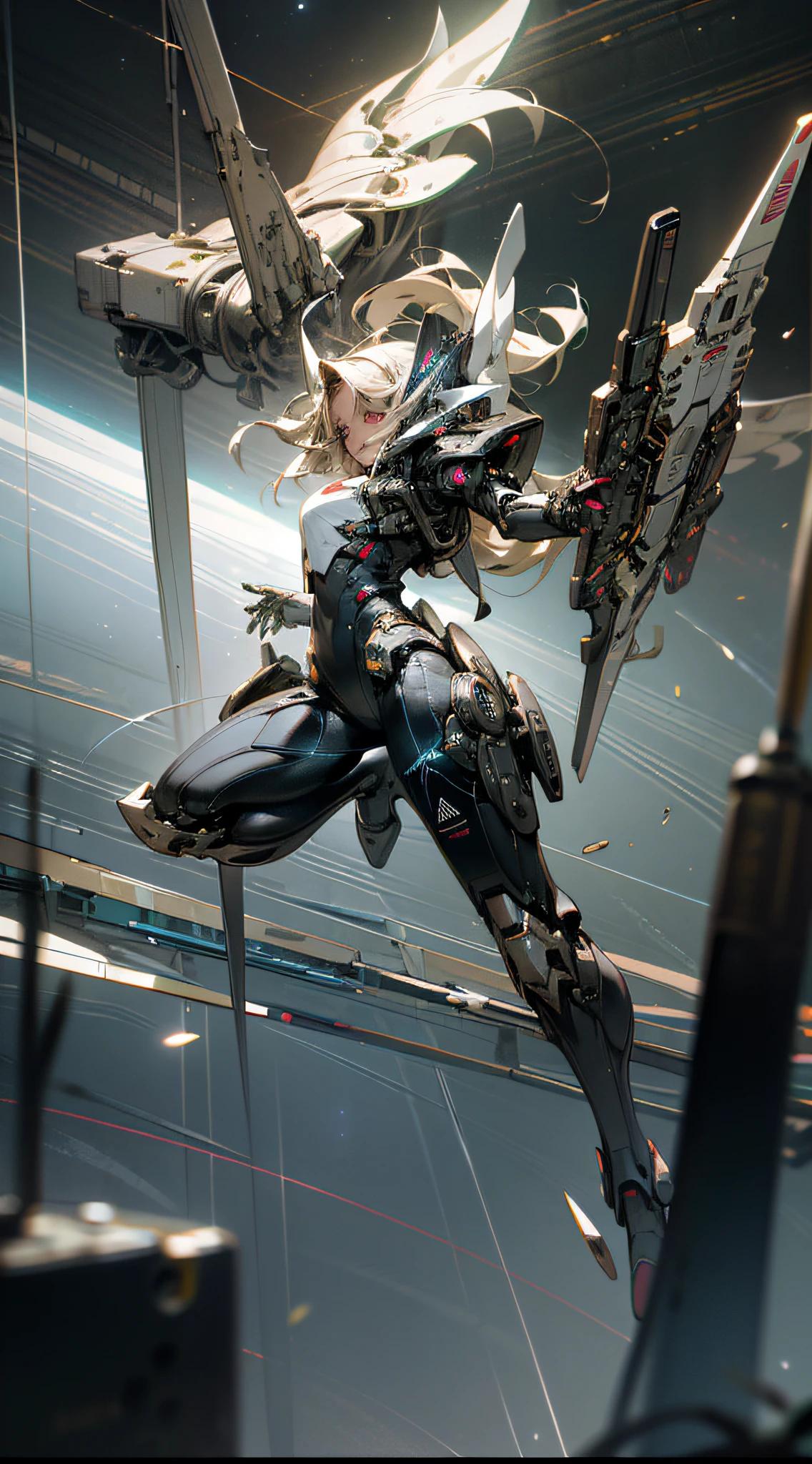 ((Best quality)), ((masterpiece)), (highly detailed:1.3), 3D, Pretty, (cyberpunk:1.2), In Space, Nebula, holding_weapon, (1Female mecha:1.3), facing the audience, golden eyes, long white-blond hair, long silky hair, full body, (flying, diving down, dynamic, Motion Blur: 1.4), (Giant Mech Wings: 1.6), Look Up, glowing_eyes, Mecha, Panorama, Earth, Nebula, Starlight, Space, Particle, Reality, HDR (High Dynamic Range), Ray Tracing, NVIDIA RTX, Super Resolution, Unreal 5, Subsurface Scattering, PBR Textures, Post-processing, Anisotropic Filtering, Depth of Field, Maximum Sharpness and Sharpness, Multi-layer Textures, Albedo and Specular Maps, Surface shading, Accurate simulation of light-material interactions, Perfect Proportions, Octane Render, Two-tone illumination, Large aperture, Low ISO, White balance, Rule of Thirds, 8K RAW, High Performance Sub-Pixel, Subpixel Convolution,
