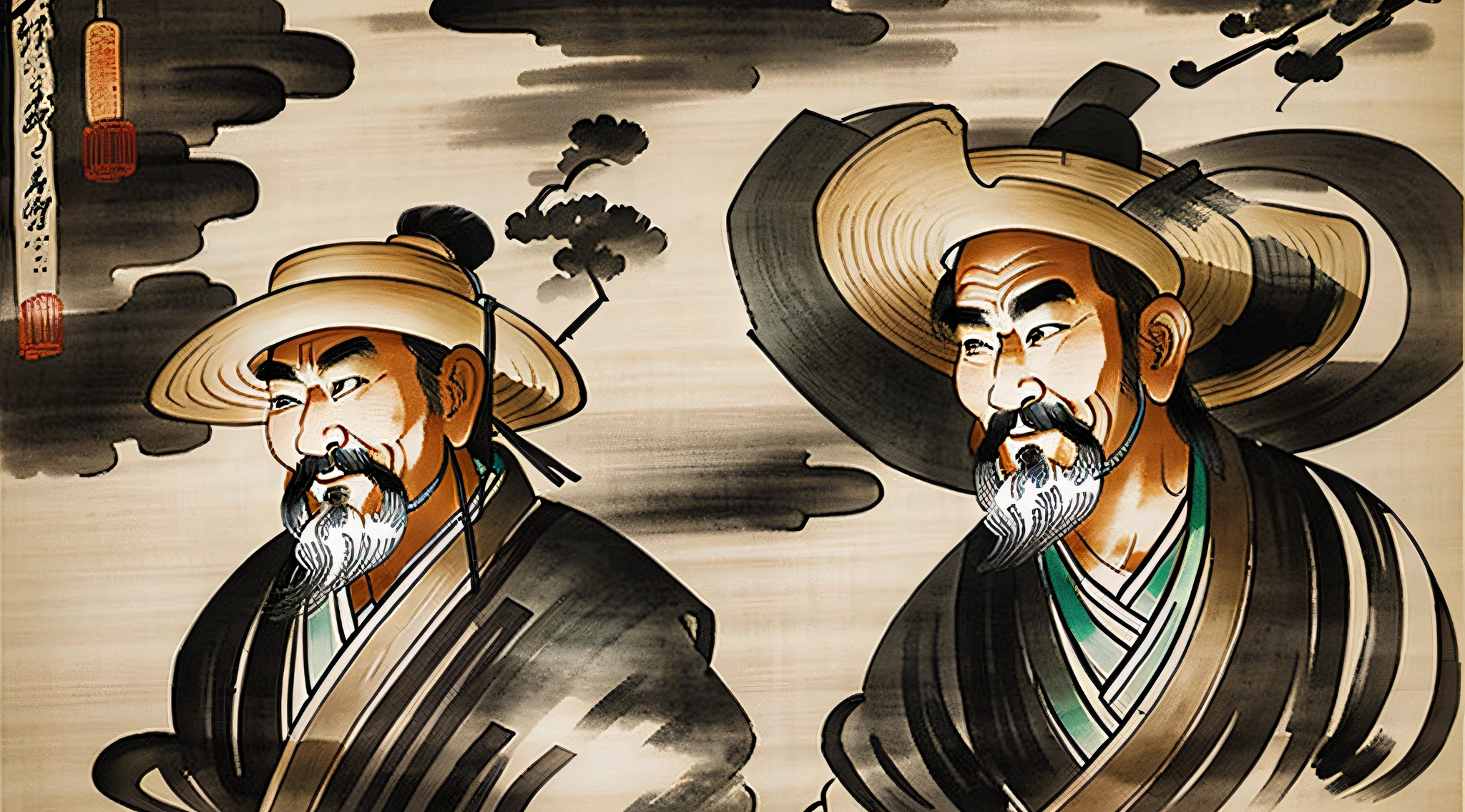 In ancient China, a middle-aged man was farming with a happy expression, a dark atmosphere, and an ink painting style, inspired by Qi Baishi