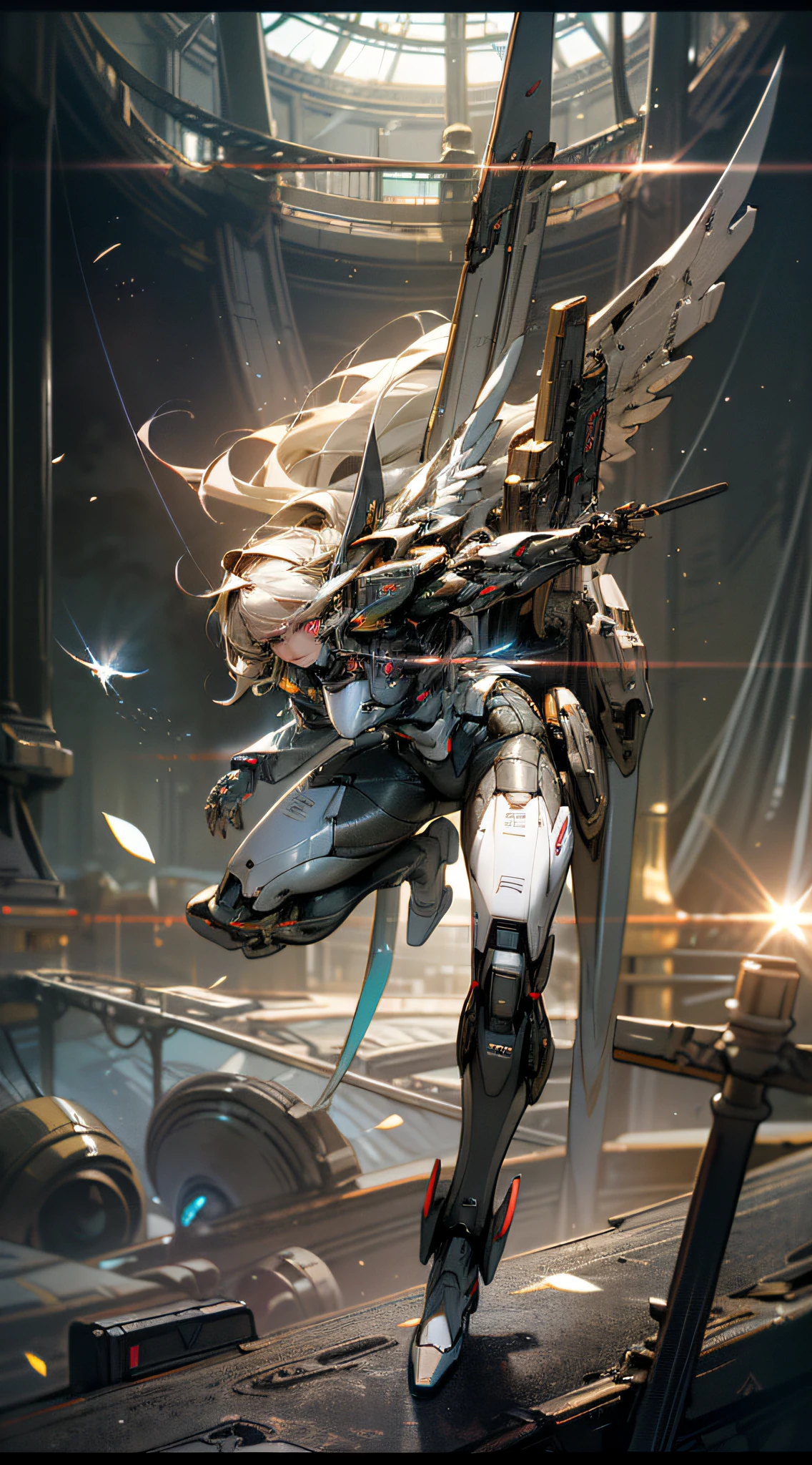 ((Best quality)), ((masterpiece)), (highly detailed:1.3), 3D, Pretty, (cyberpunk:1.2), In Space, Nebula, holding_weapon, (1Female mecha:1.3), facing the audience, golden eyes, long white-blond hair, long silky hair, full body, (flying, diving down, dynamic, Motion Blur: 1.4), (Giant Mech Wings: 1.6), Look Up, glowing_eyes, Mecha, Panorama, Earth, Nebula, Starlight, Space, Particle, Reality, HDR (High Dynamic Range), Ray Tracing, NVIDIA RTX, Super Resolution, Unreal 5, Subsurface Scattering, PBR Textures, Post-processing, Anisotropic Filtering, Depth of Field, Maximum Sharpness and Sharpness, Multi-layer Textures, Albedo and Specular Maps, Surface shading, Accurate simulation of light-material interactions, Perfect Proportions, Octane Render, Two-tone illumination, Large aperture, Low ISO, White balance, Rule of Thirds, 8K RAW, High Performance Sub-Pixel, Subpixel Convolution,