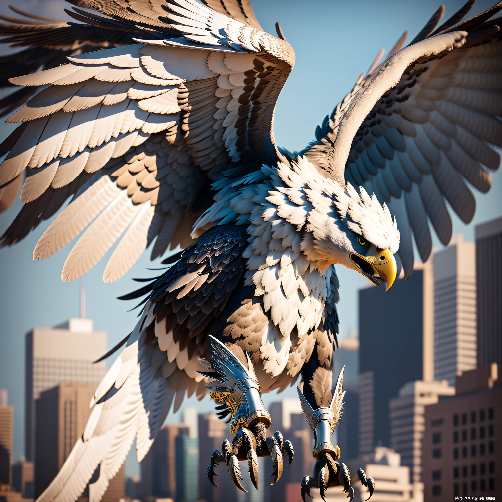 araffe eagle with outstretched wings in front of a city skyline, with wings. ultra-detailed, hyper detailed 3 d render, hyper detailed 3d render, cg art, hyper detailed digital art, super detailed render, detailed digital 3d art, eagle, hyper realistic detailed render, hyper real render, unreal 5 engine highlly render