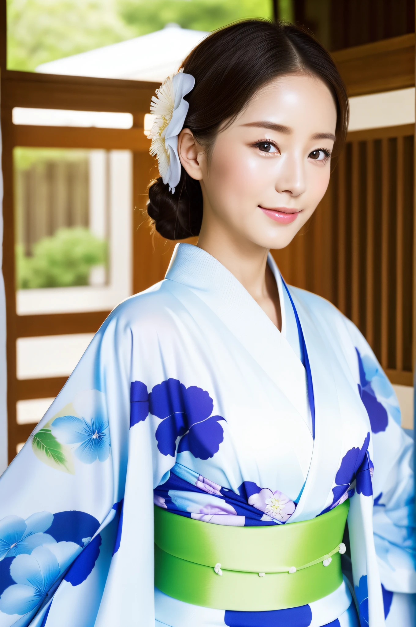 kimono, obi, (photo realistic: 1.4), (hyperrealistic: 1.4), (real: 1.3), happy, white skin, gentle,