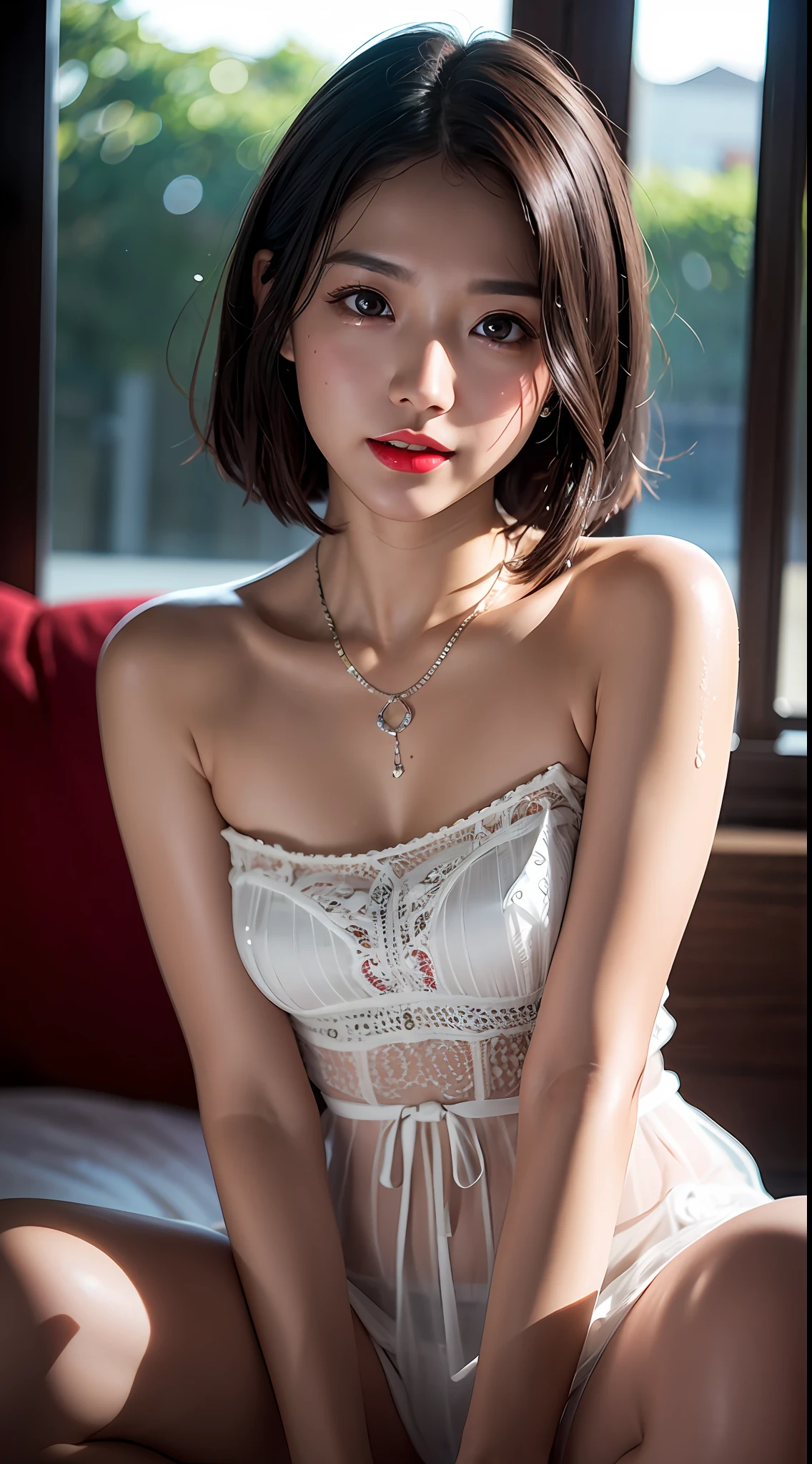 Super smile, full body, clear eyes, gestures to seduce men, wet hair, red lips (Singapore: 1.5), close-up, masterpiece, best quality, photo from the waist up, photorealistic, face, incredibly absurd, beautiful girl, cute, short hair, depth of field, high resolution, ultra detail, fine detail, very detailed, very detailed eyes and face, sharp pupils, realistic pupils, Sharp Focus, Cinematic Lighting, Jewelry Babydoll Clothes