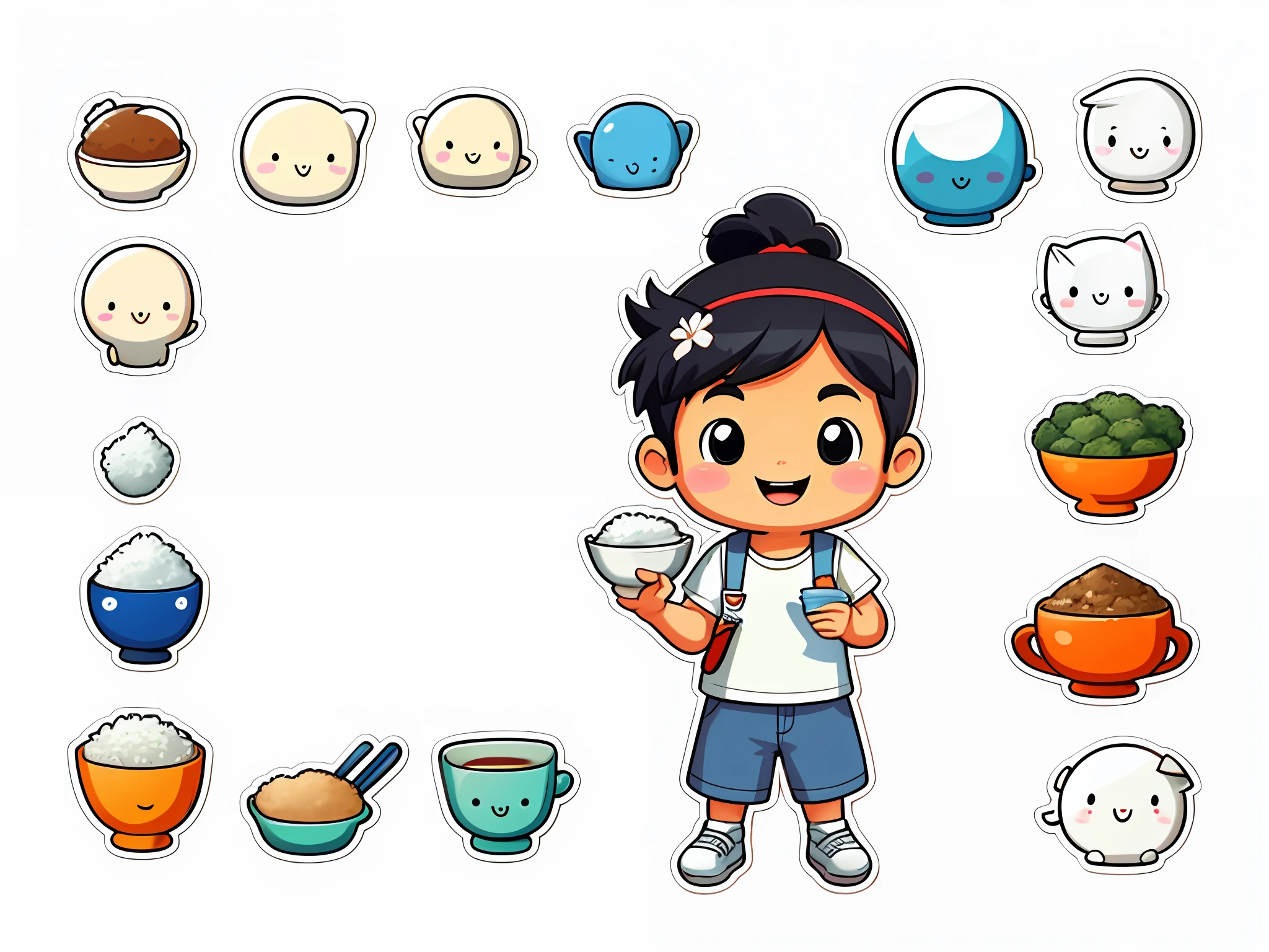 A cartoon image of a little Japanese boy. The character is designed to be simple, with clean lines and a focus on the character’s intelligence and resourcefulness, reflecting the “悟” (awakened) element of the brand name. The character wears a simple outfit, with a headband and a white shirt, creating a sense of simplicity and approachability. The character is often depicted holding a bowl of rice, emphasizing the brand’s focus on quality and affordability.IP characters portray the essence of the brand in a simple and memorable way, reflecting the high quality and affordability of Wufan Food Court. The design element emphasizes the “悟” element of the brand name in a fun, approachable way, creating a lasting impression for customers.