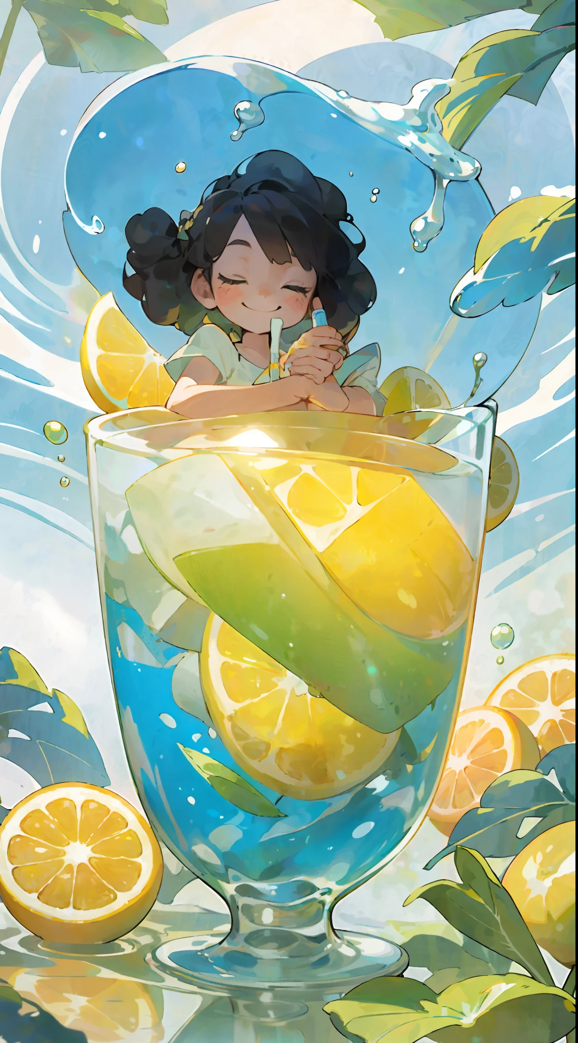 A sits inside a glass, holding ice cream with a generous gift, smiling, cool liquid, lemon, sun, shade, summer, yellow
