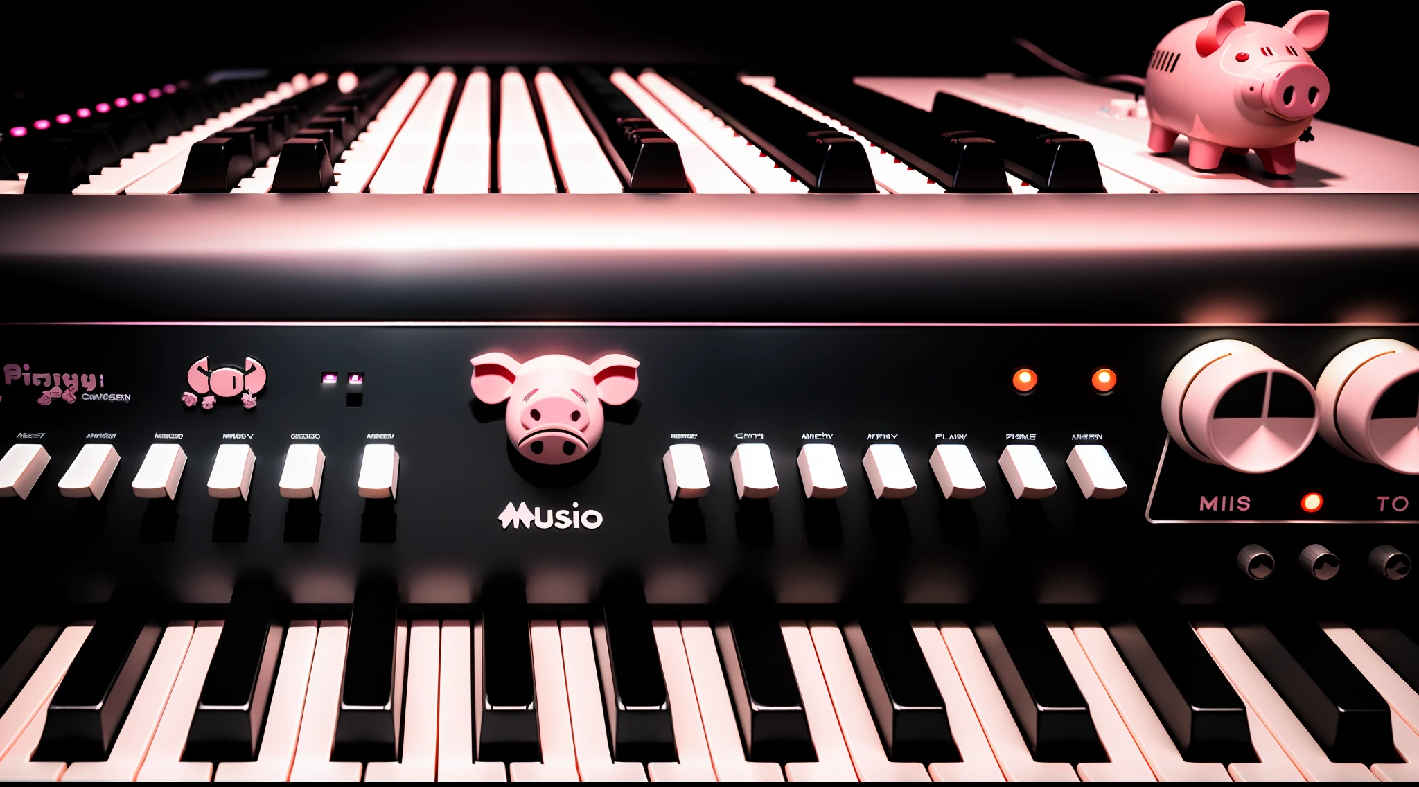 there is a close up of a keyboard and a music equipment, with a ((((cartoon piggy logo)))), audio equipments, synthesizers, vintage electronics, synthesizer, rack, synth, (cables), wires, electronic music, retro effect, vintage saturation, synth vibe, radio equipment, instruments, devices and instruments, studio recording, synth feel, electronic, retro stylised, mellotron, retro - vintage, computer music, back light, volumetric light, depth of field, ambient occlusion, mist, early sunrise, masterpiece